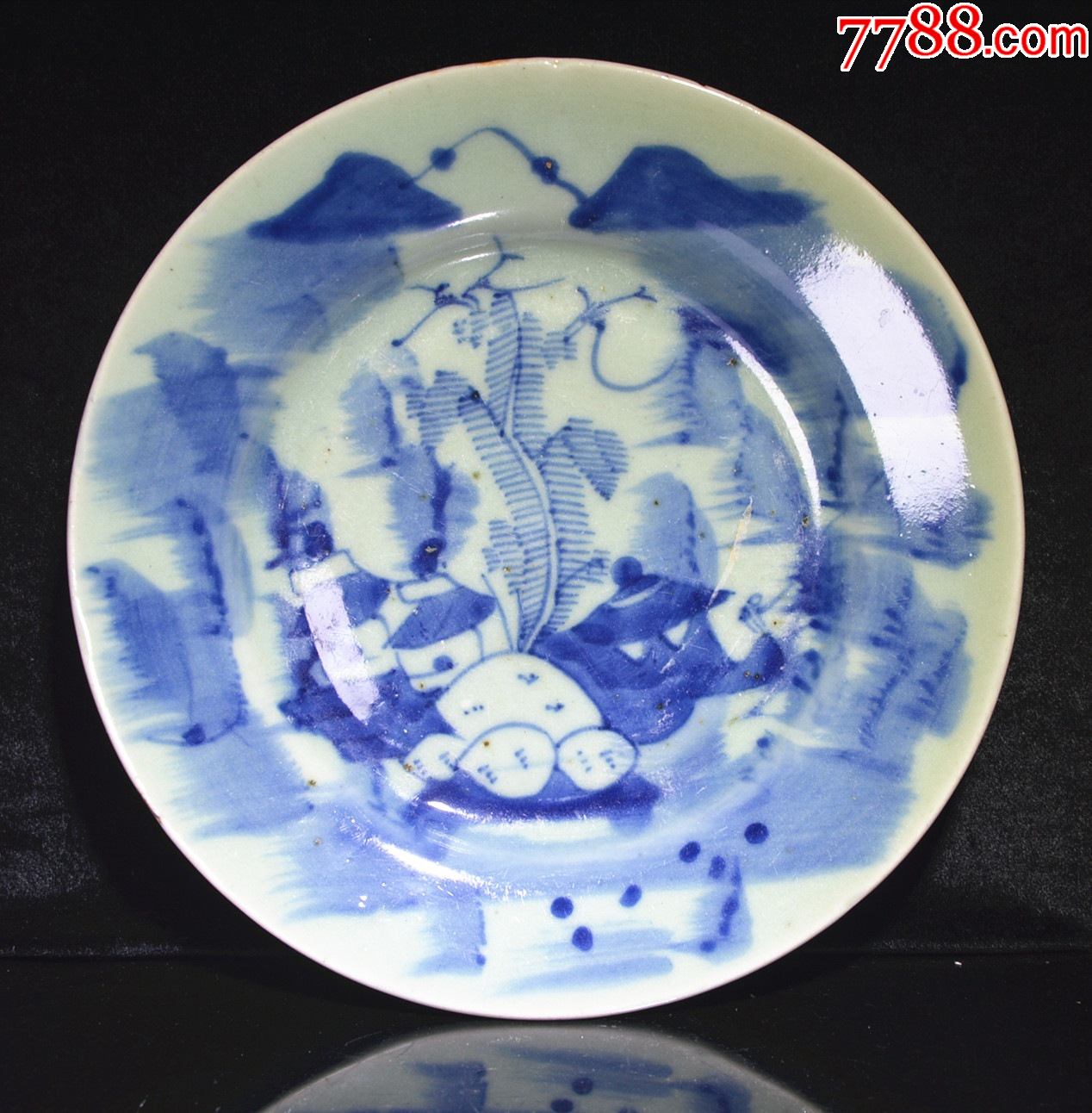 清乾隆豆青釉青花山水纹盘(一)