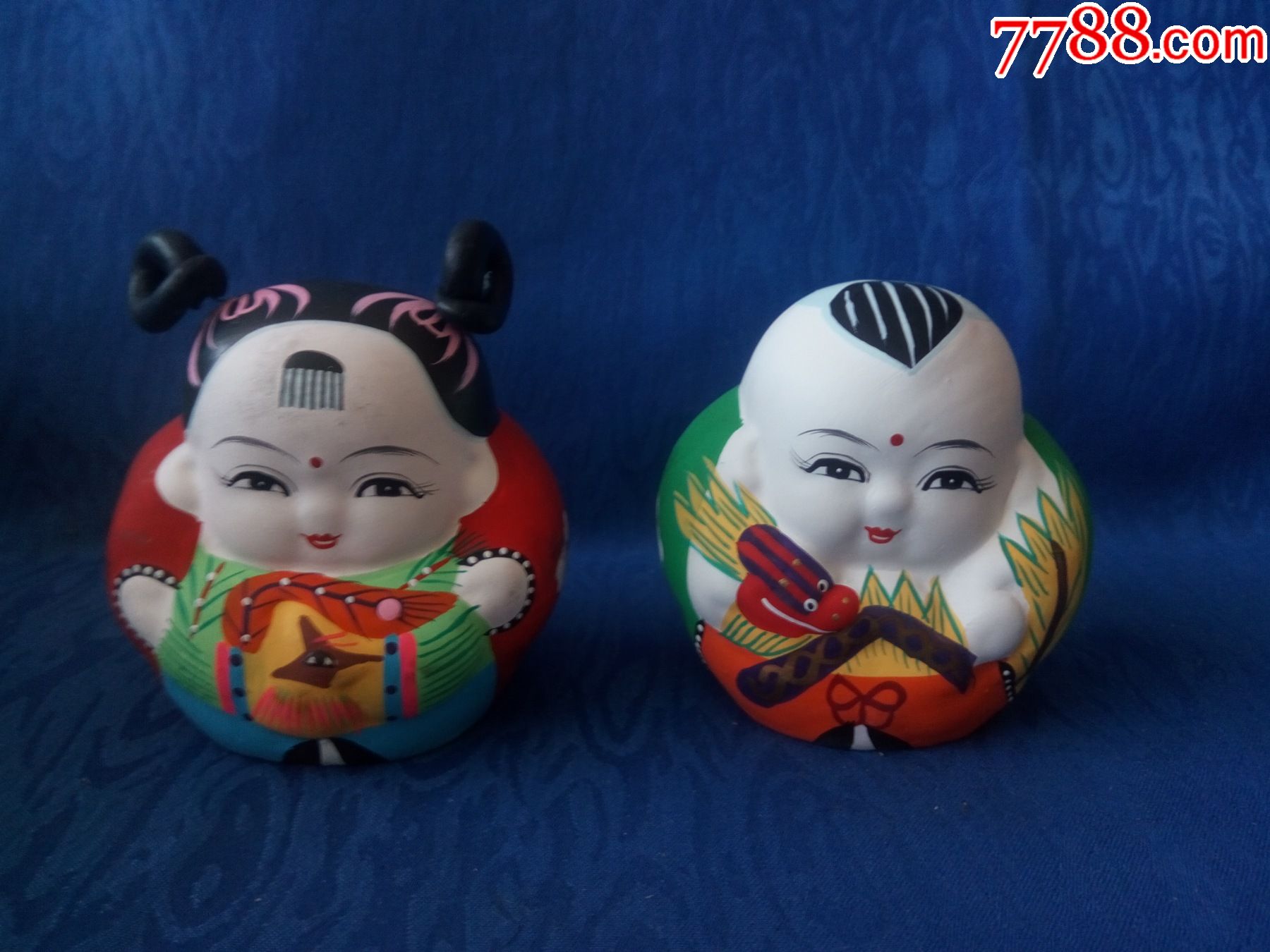 创汇期780年代原包装天津泥人张彩塑手绘童男童女书童明永章民俗工艺