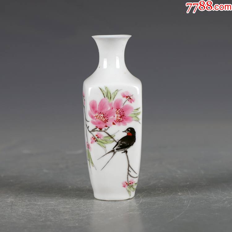 景德镇十大瓷厂老货手绘花鸟四方薄胎瓶