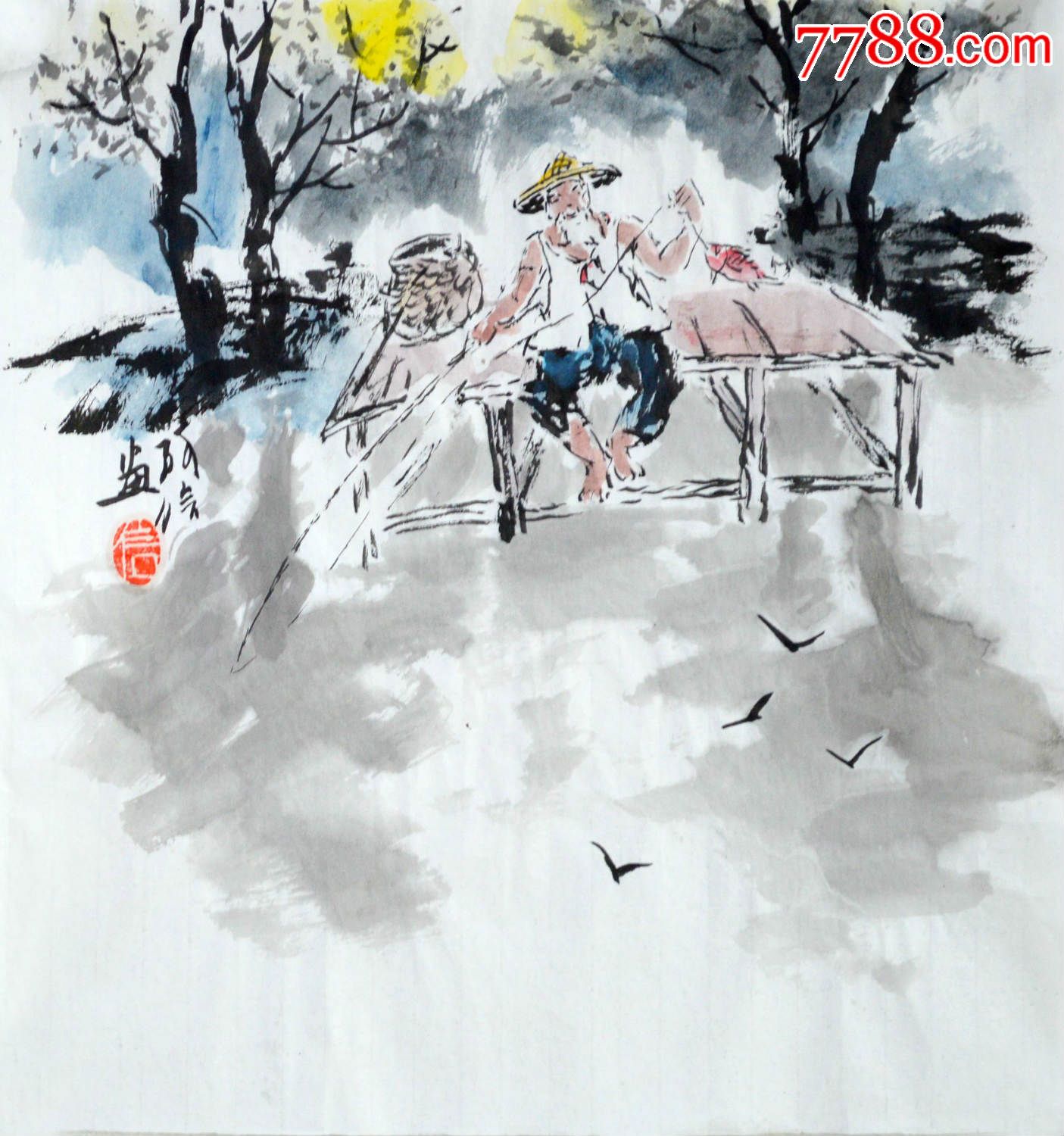 小品人物画渔翁《垂钓图》ss0622