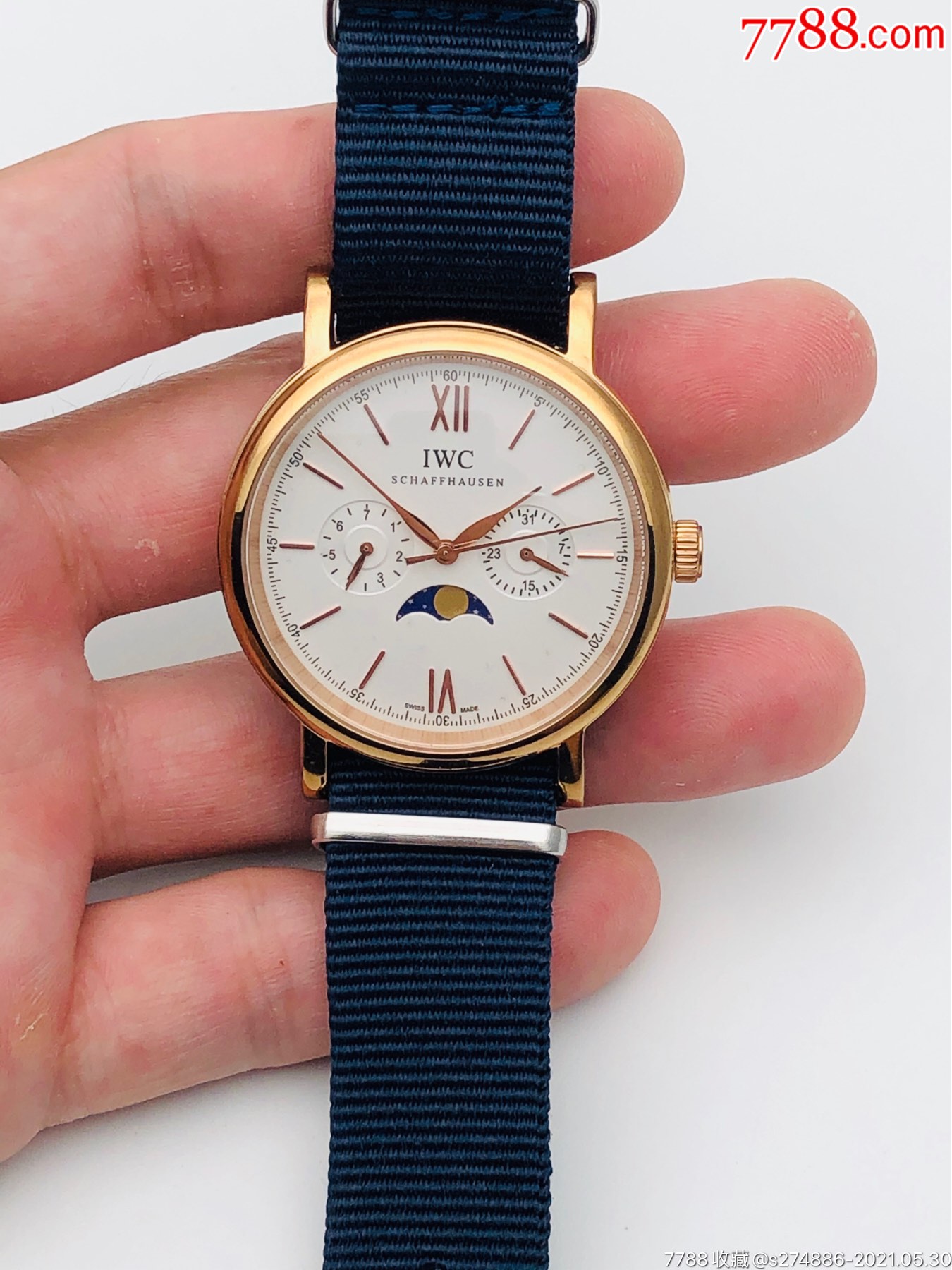 万国玫瑰金石英表(真五针,带小针动日历星期月相功能,尼龙表带)-手表