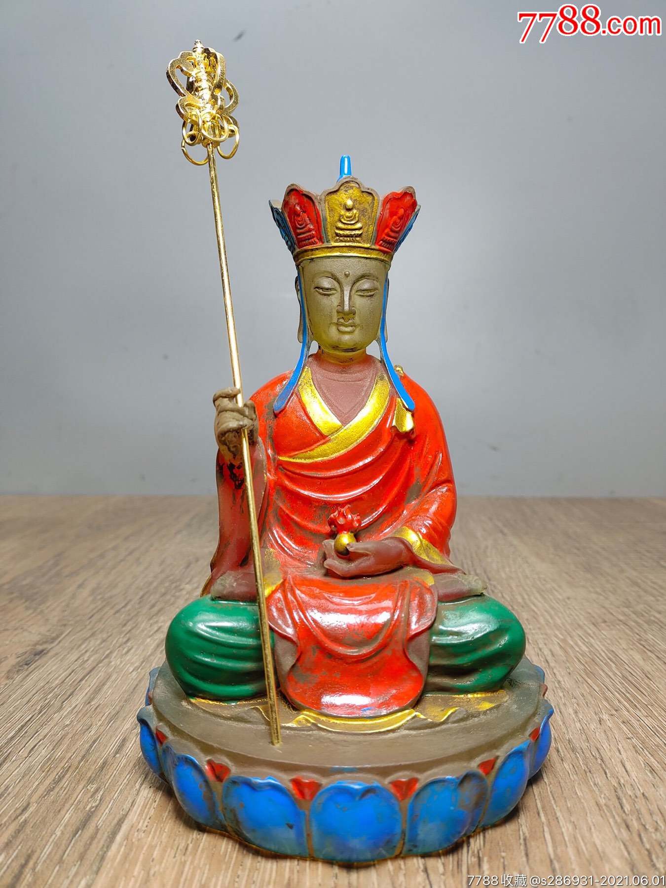 珍藏古法老琉璃彩绘佛像【地藏王菩萨】一尊瞻塔礼佛佛堂供奉摆件高18