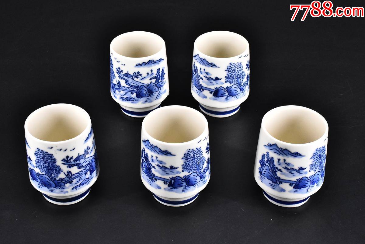 (p9907)《日本陶瓷酒杯》一套五件日本传统工艺陶瓷器外壁山水风景图