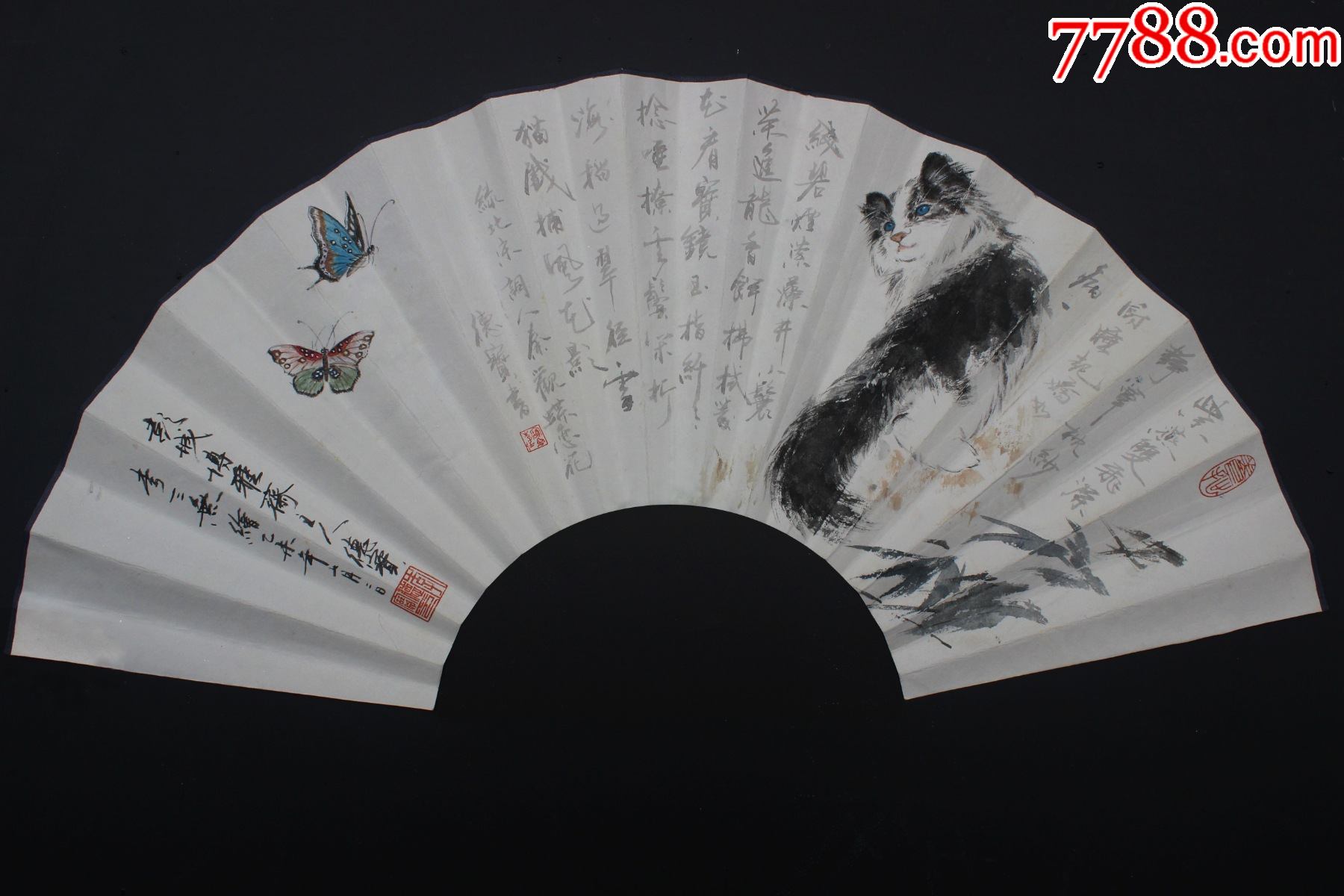 手工绘制工笔画扇面成扇无骨-书画合璧--墨趣-动物题材-尺寸长68cm*高