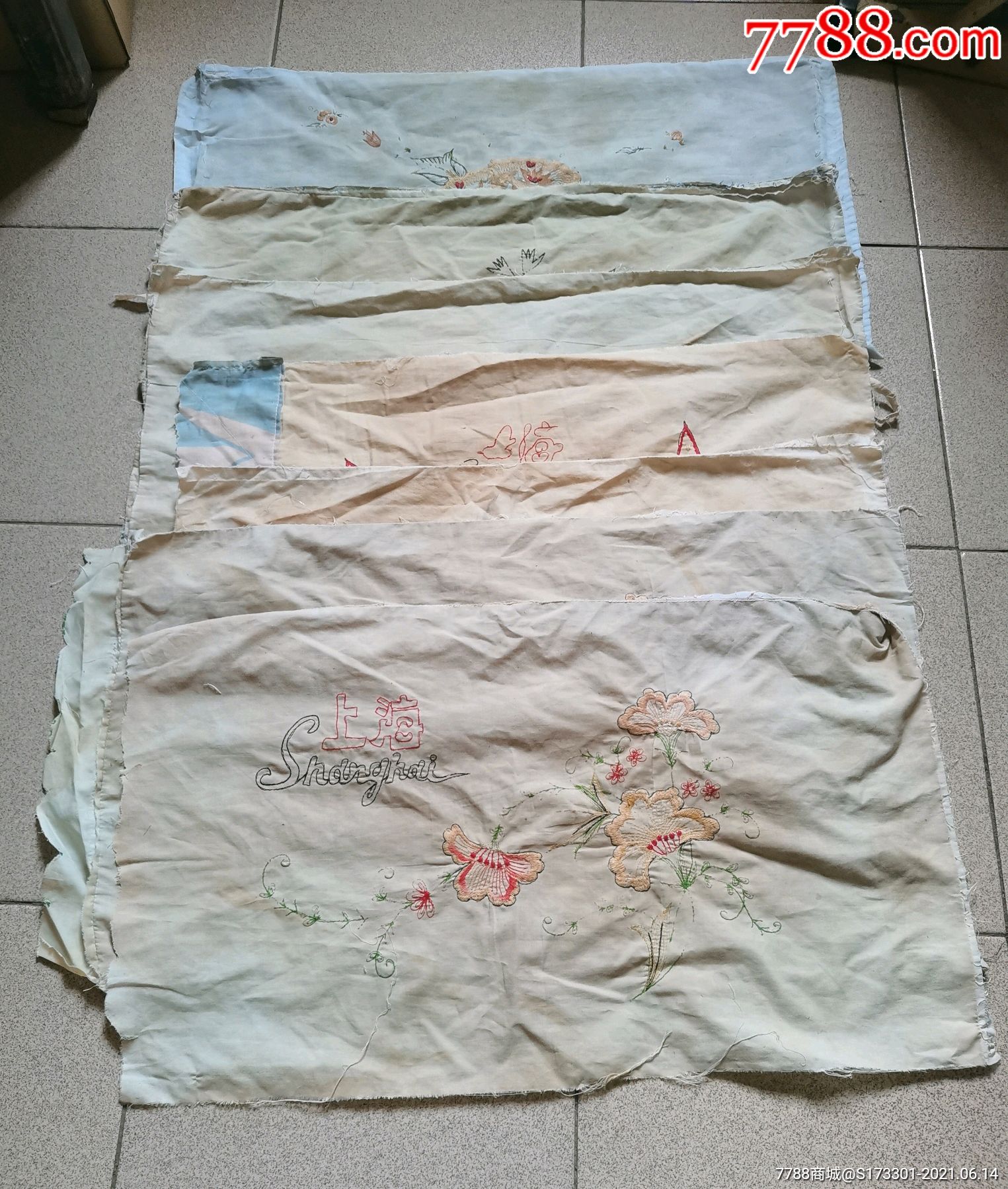 手绣花鸟上海枕巾一组七条