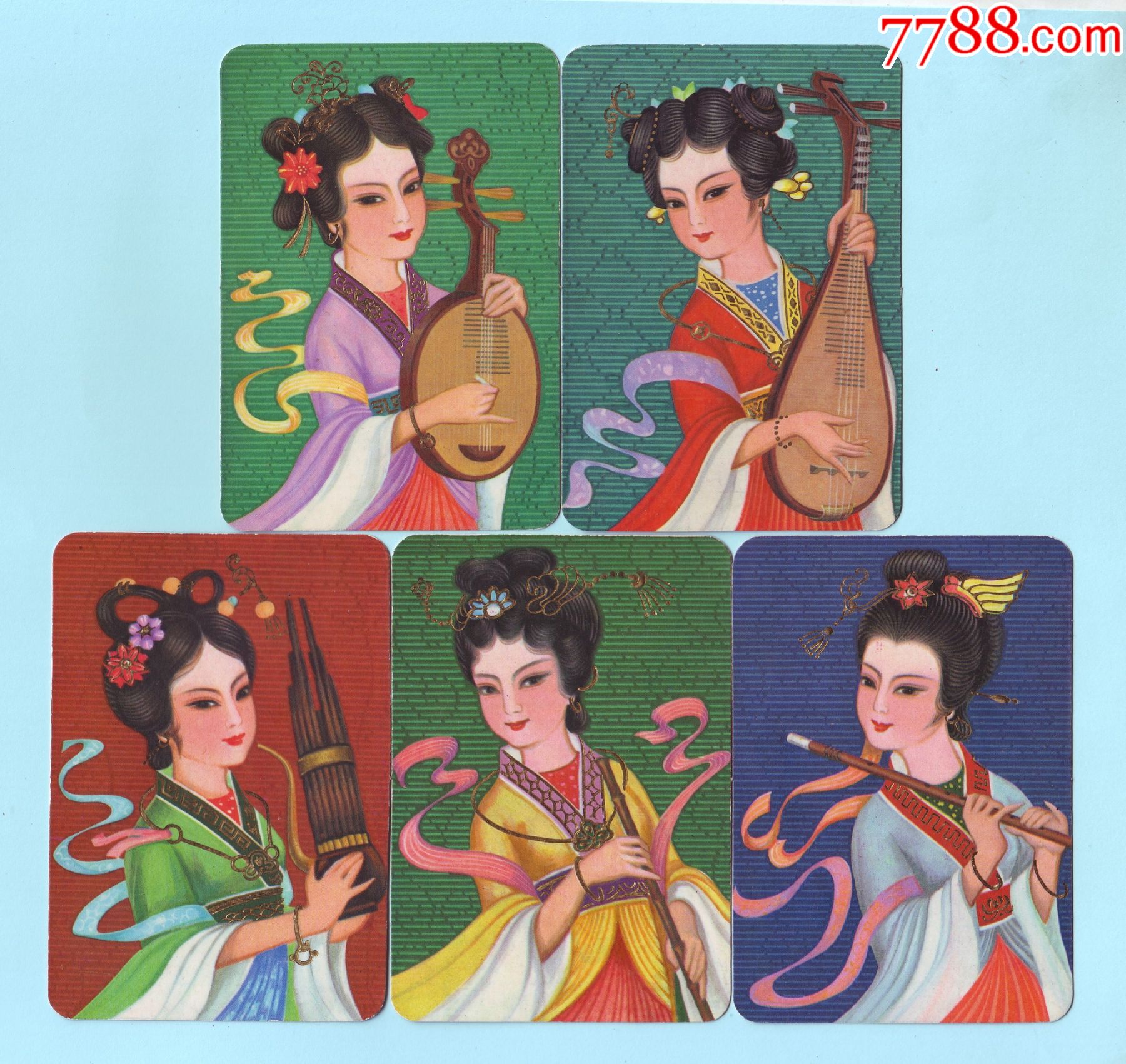 1980年"古代美女演奏乐器"年历片一套5枚全,品相如图