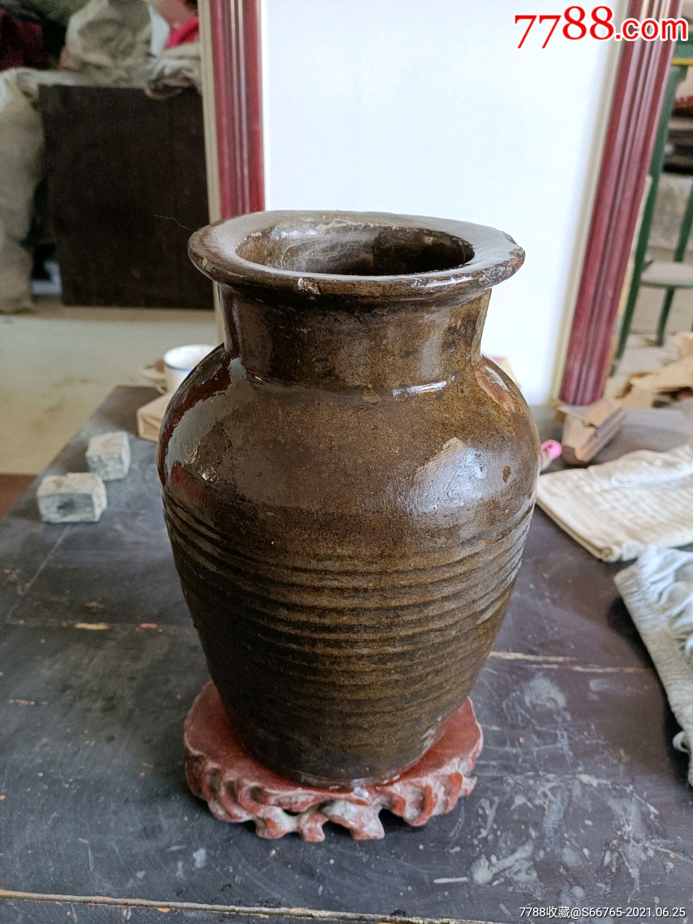 怀旧老磁州窑茶叶末釉炫纹瓶