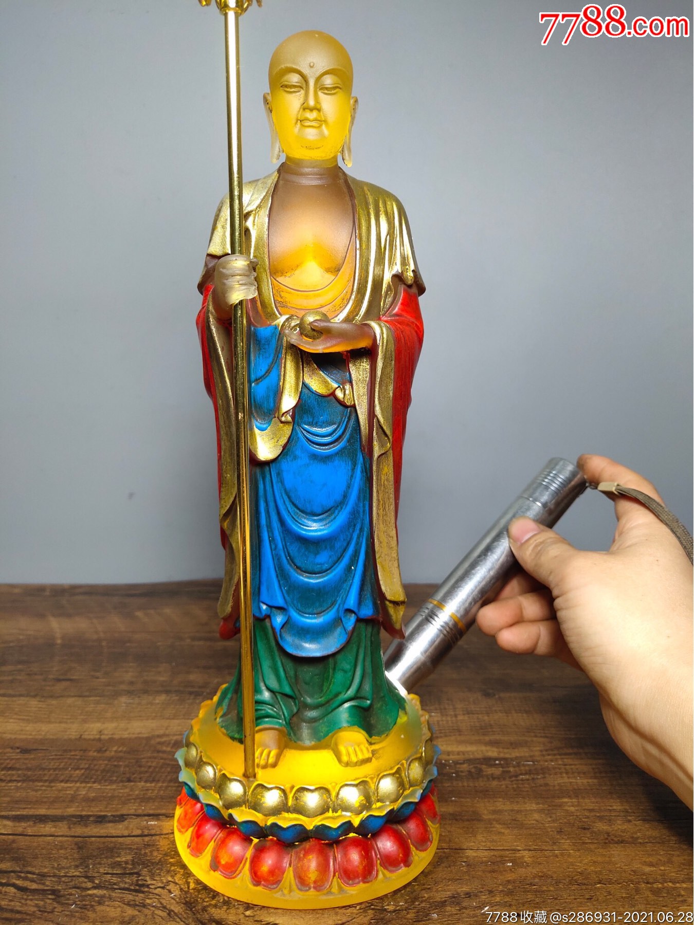 旧藏古法老琉璃佛像地藏王菩萨一尊恭请供奉佛像摆件高32厘米长10.