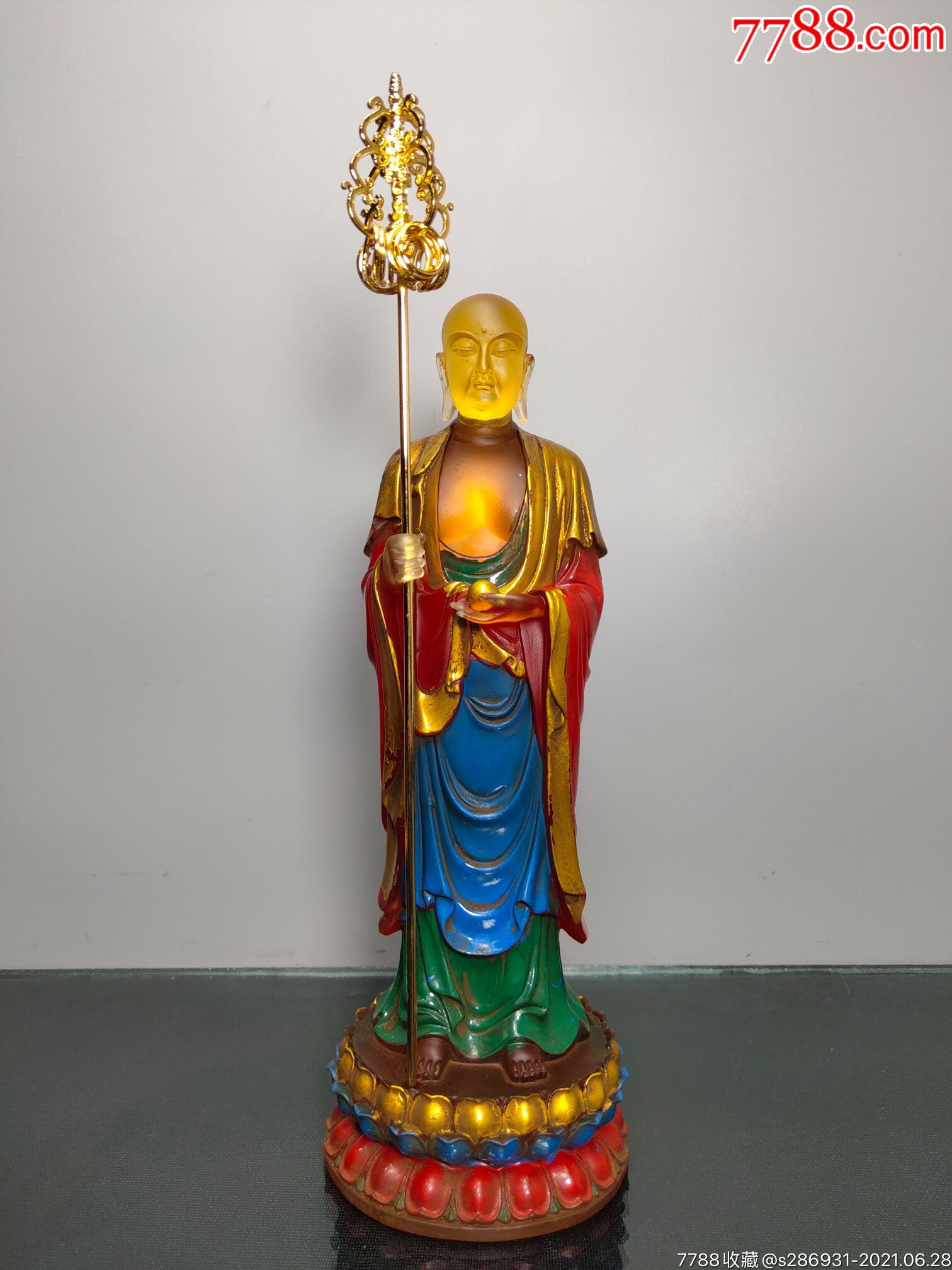 珍藏古法老琉璃彩绘佛像【地藏王菩萨】一尊瞻塔礼佛佛堂供奉摆件高33