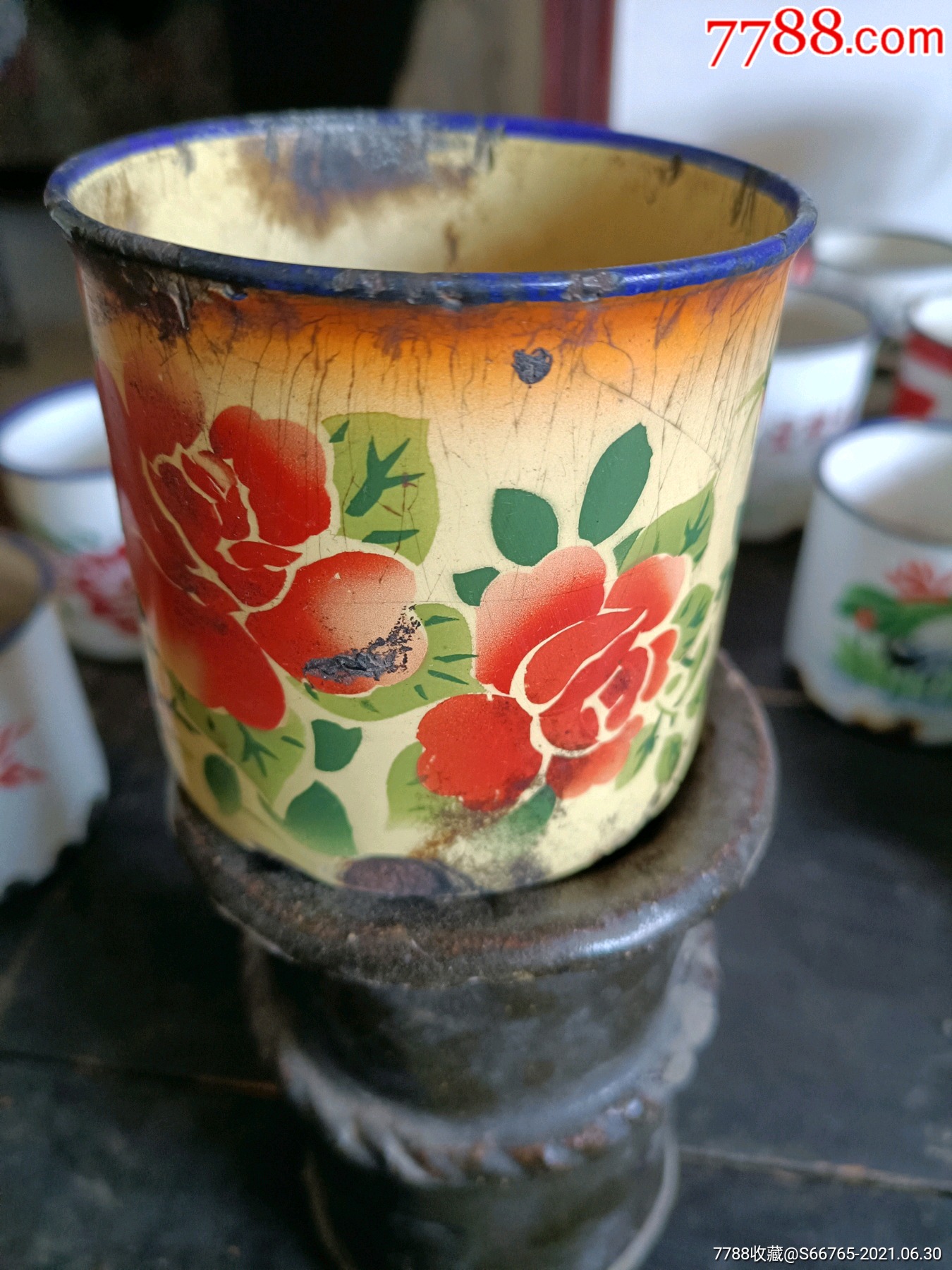 怀旧55年立鹤牌花卉搪瓷杯