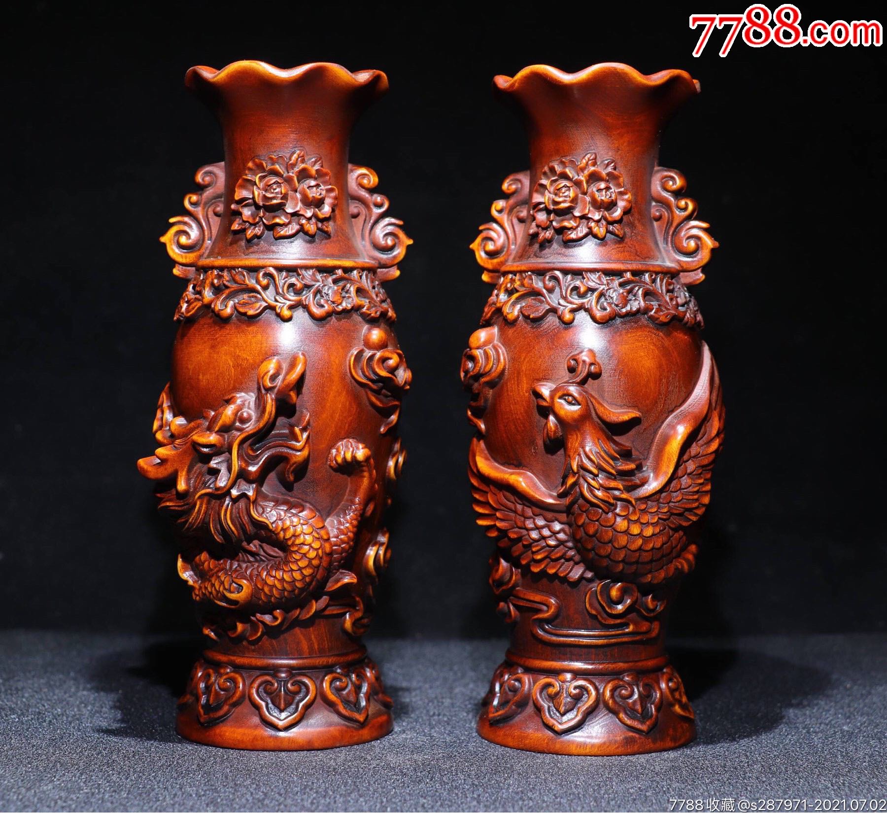 黄杨木精工雕刻龙凤呈祥花瓶,高18cm宽7cm