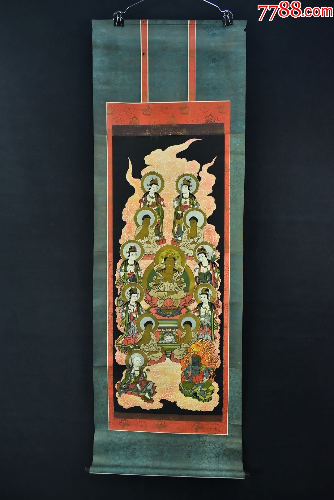 (vh4381)纸本印刷《十三佛像》装裱立轴画一幅纸裱两侧木轴头画心尺寸