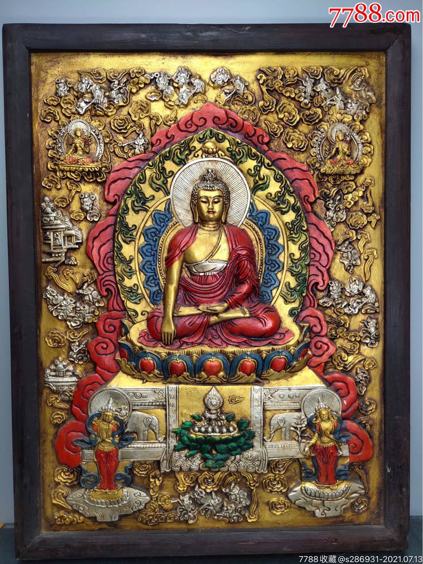 旧藏木框西藏唐卡佛像大背光释迦如来佛一尊家居装饰挂画高76厘米宽57