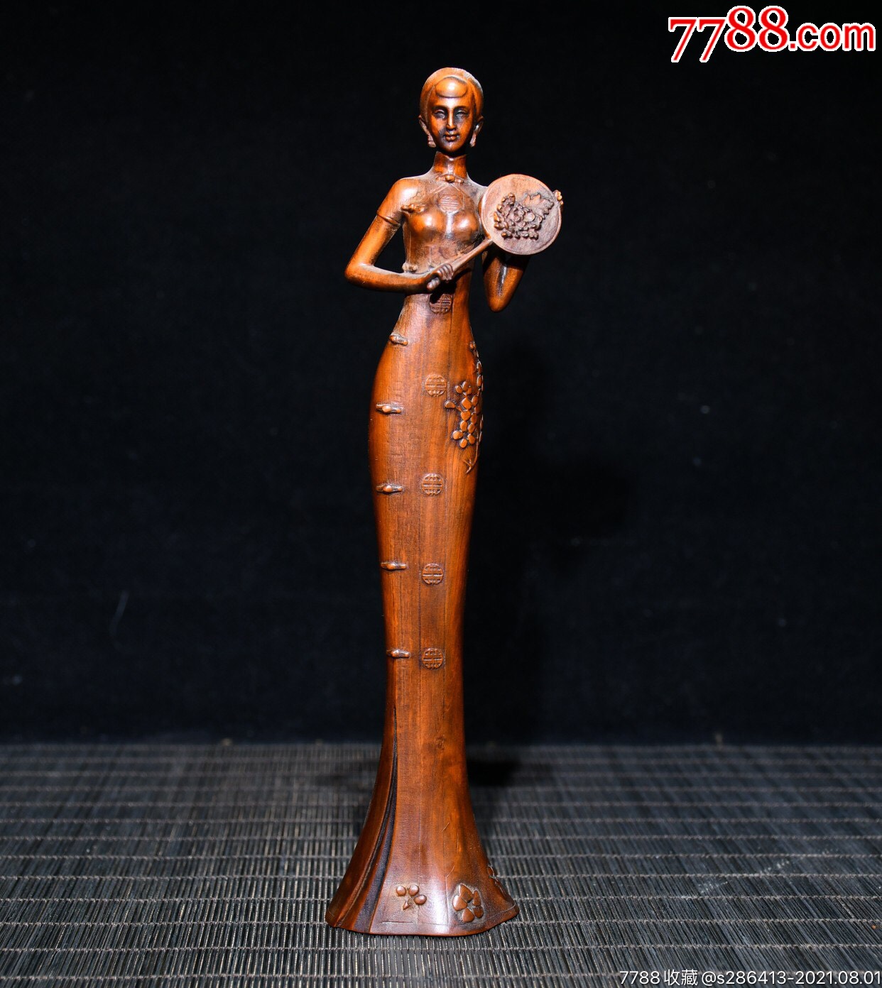 黄杨木精工雕刻旗袍美女(旗开得胜)高20cm宽4.5cm