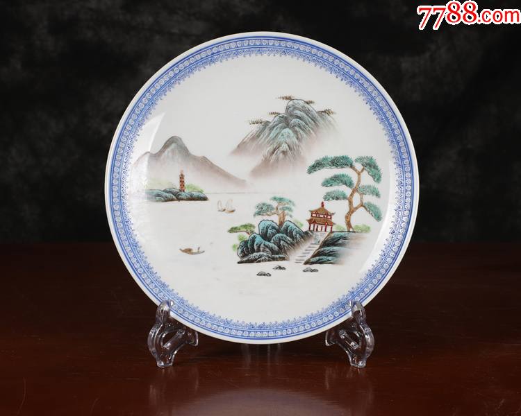 景德镇老厂瓷全手工彩绘山水图盘