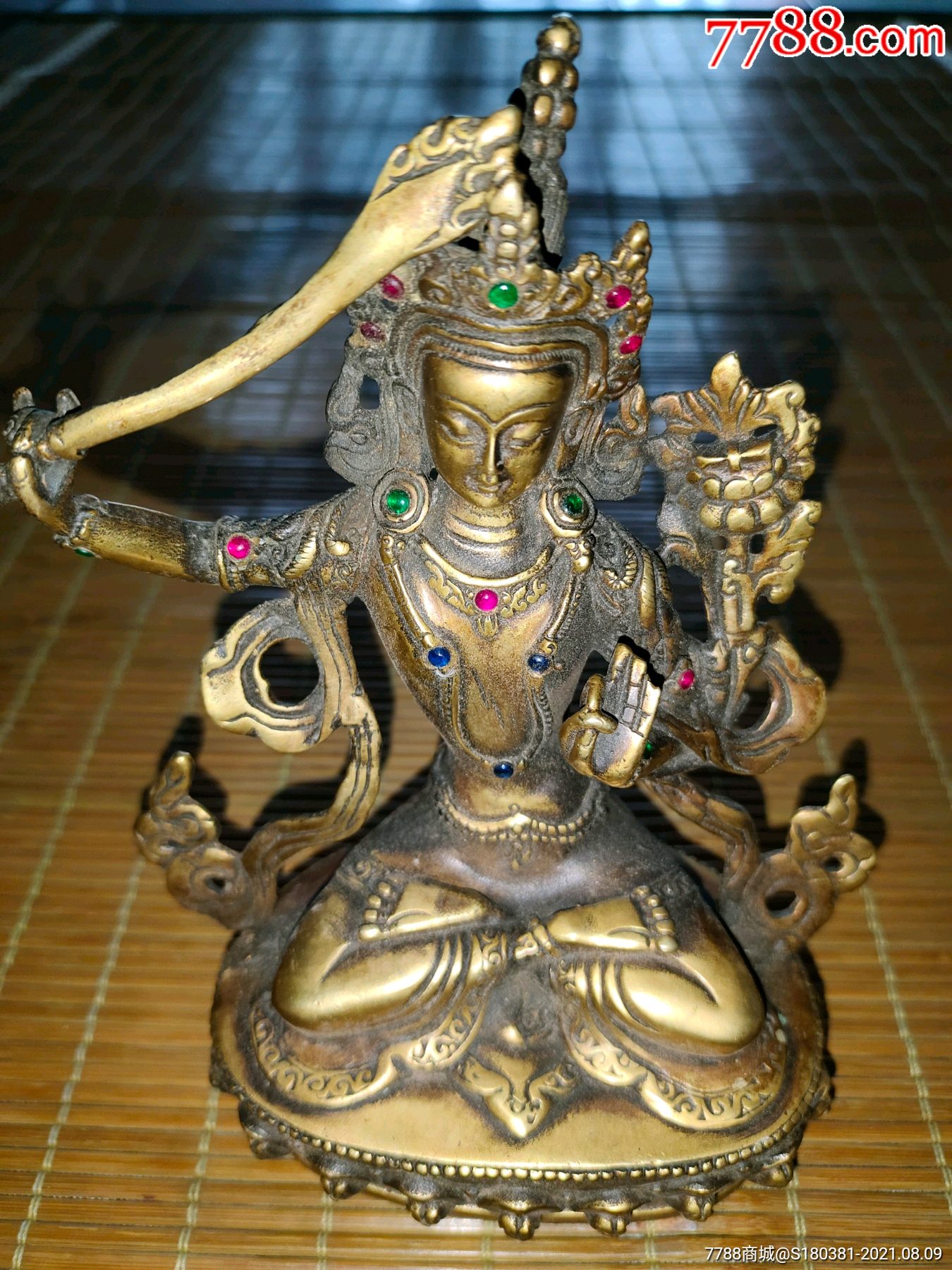 铜器摆件纯铜密宗文殊菩萨举剑莲花座文殊菩萨佛像属兔本命守护佛