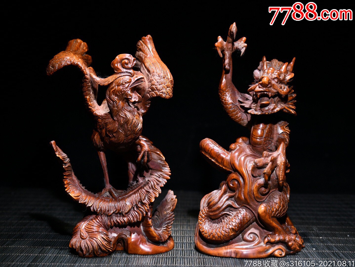 黄杨木精工雕刻龙凤呈祥摆件高15cm宽8cm厚6cm重354