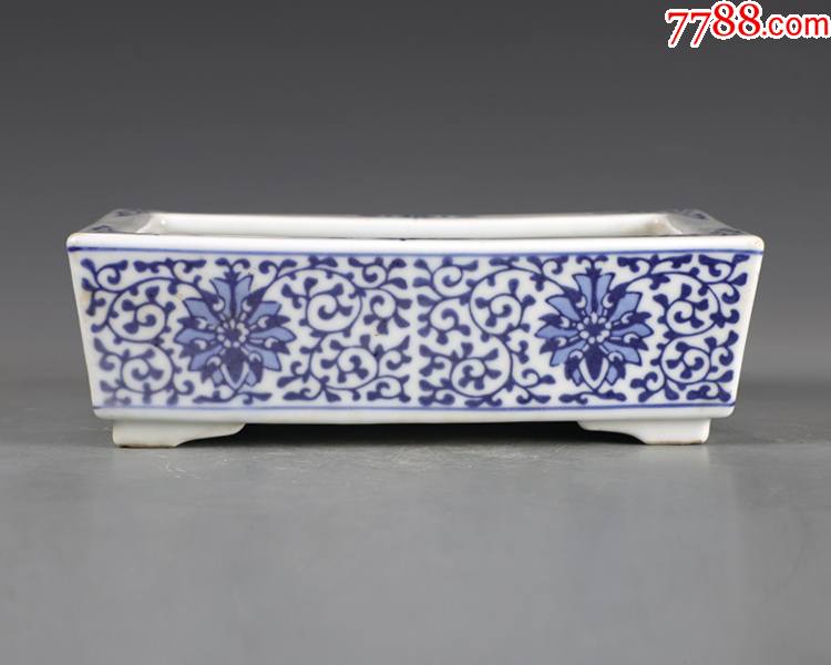 景德镇老厂货瓷器建国瓷厂青花洋莲四方水仙盆