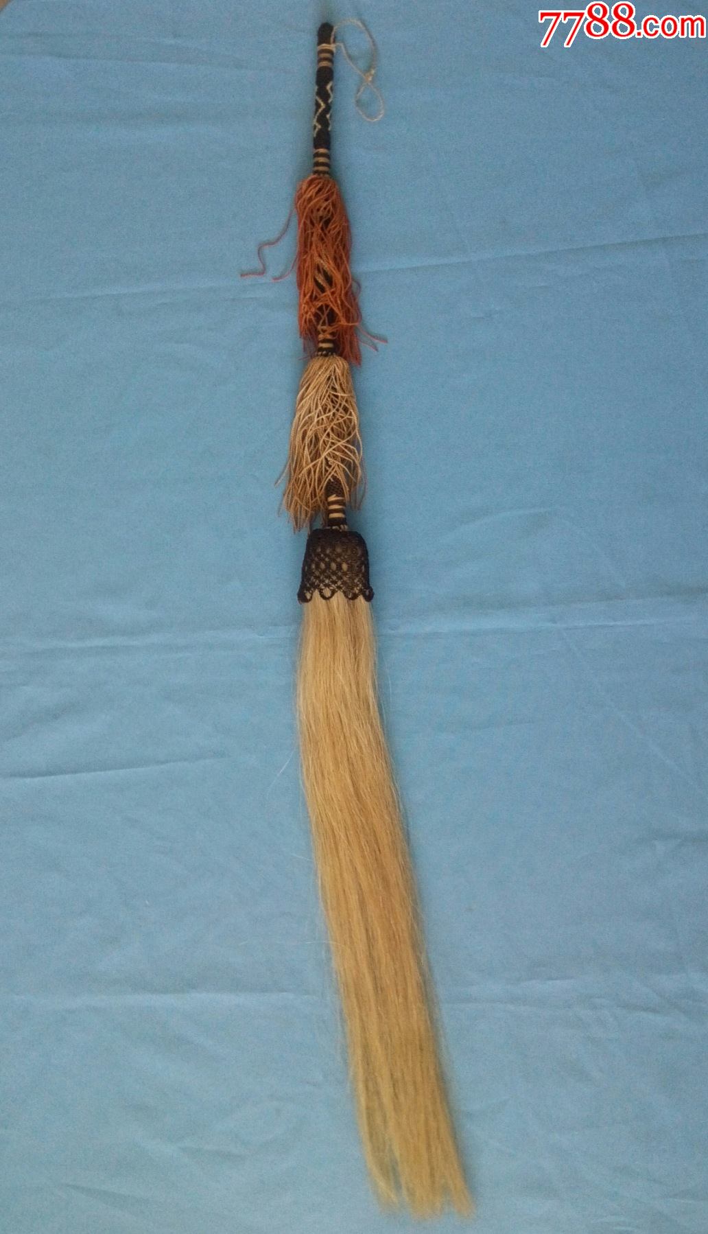 完美品拂尘民国道教法器道士用藤子柄白马尾手工编织几何纹饰带流苏蝇