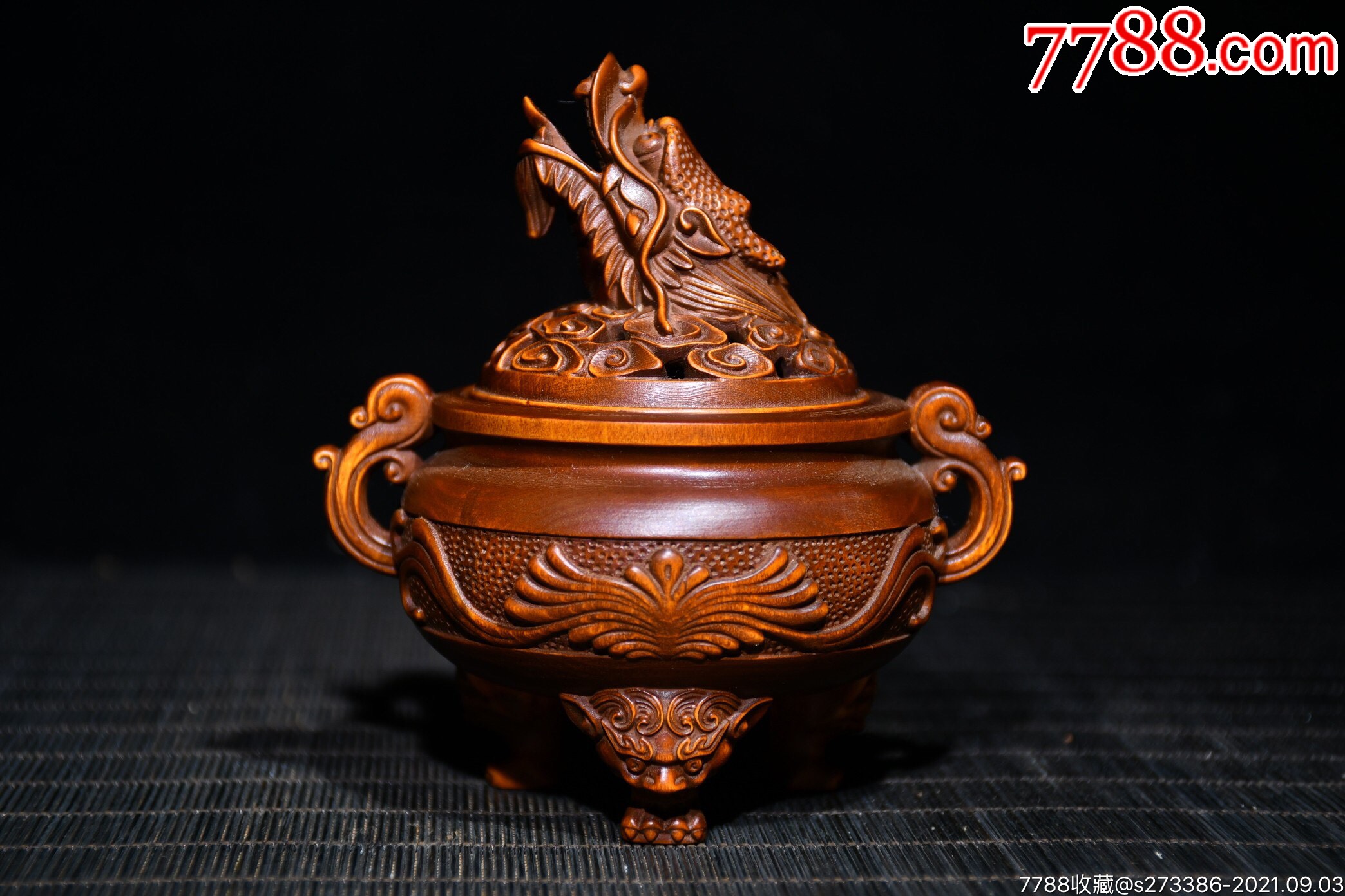 雕刻双耳龙香炉,高11cm宽10cm重102g-价格:399元-au27577483-木雕摆件