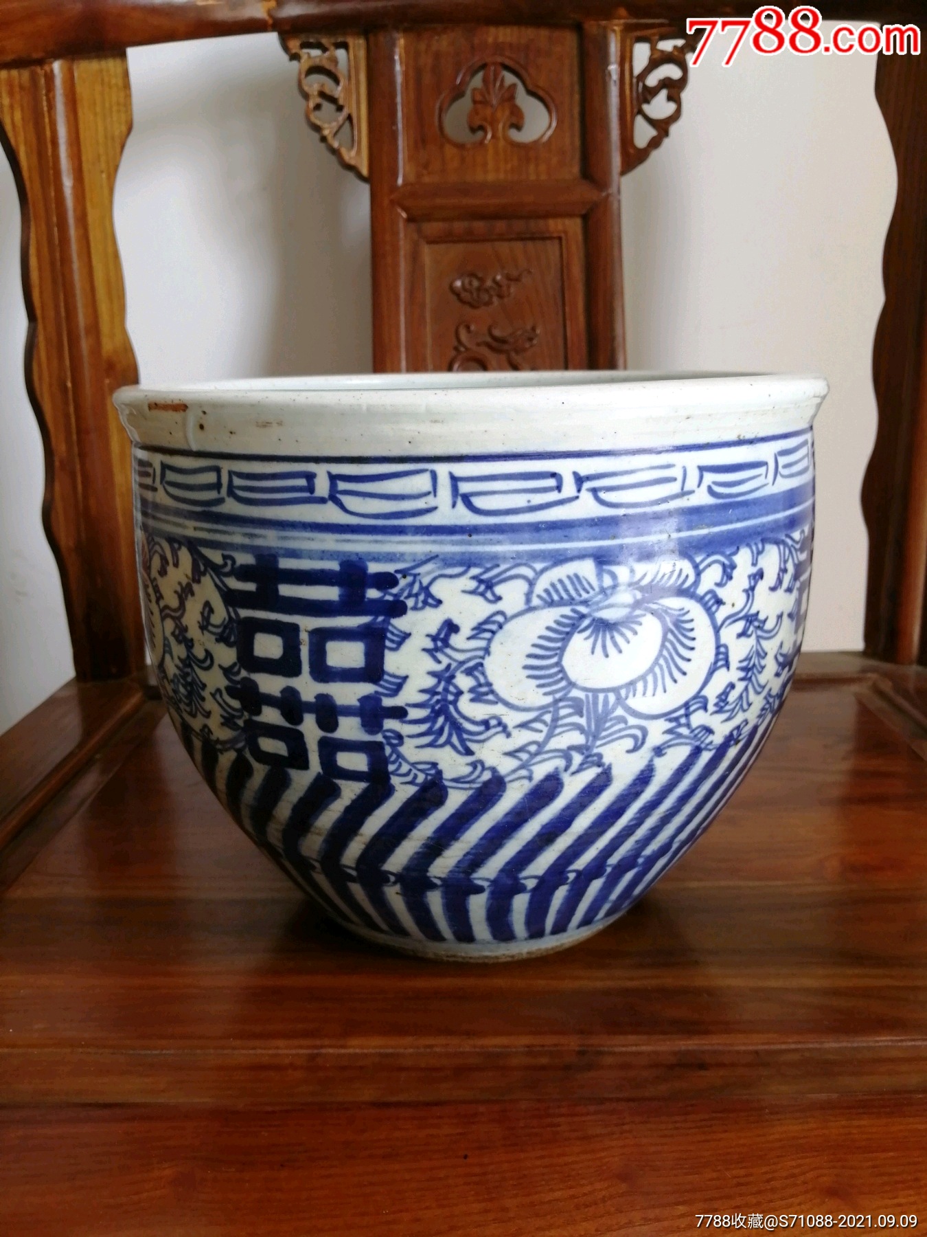 清代青花喜字缠枝纹缸-价格:1800元-au27638795-青花瓷 -加价-7788