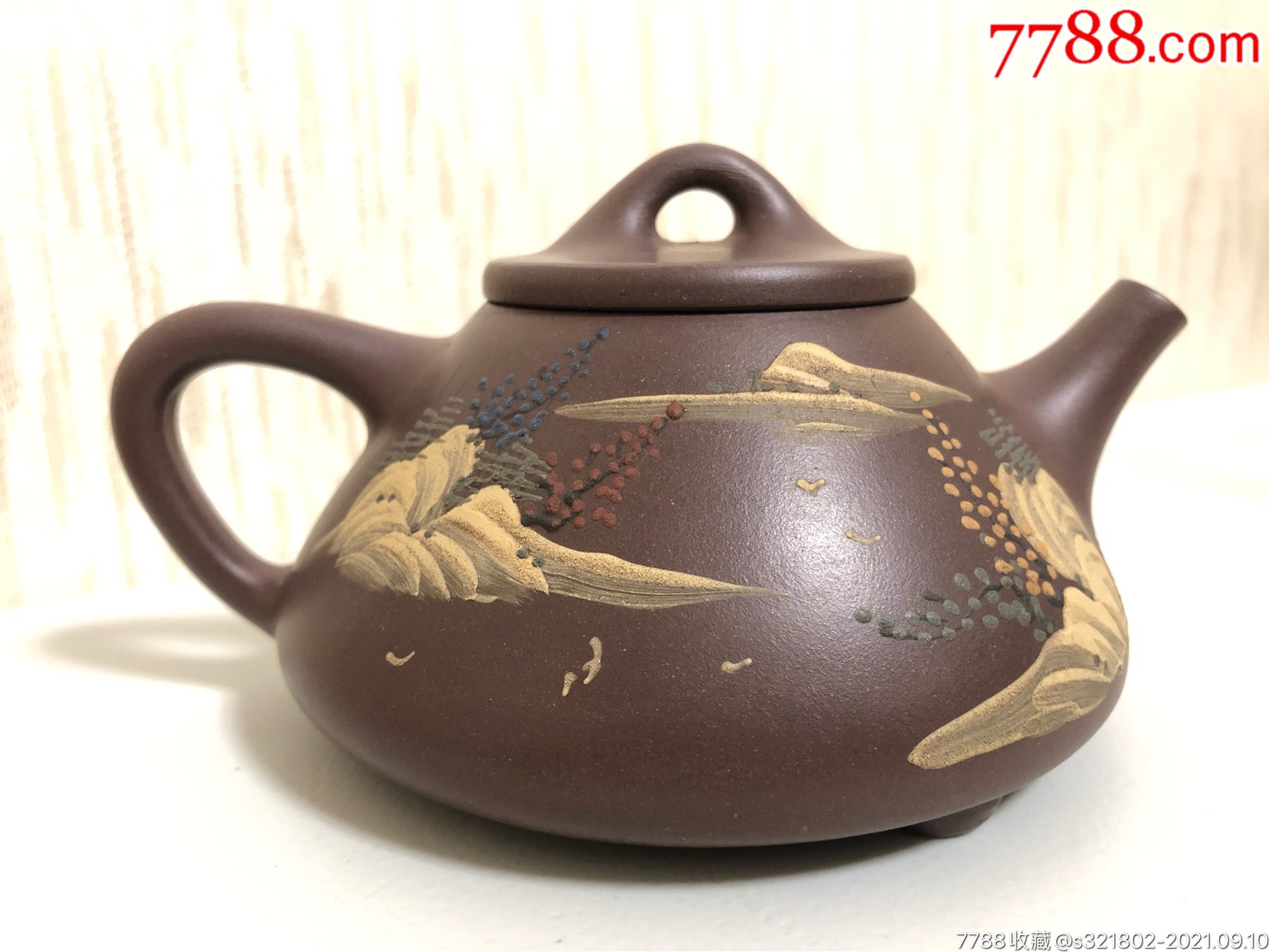 民国福记山水堆绘石瓢壶-紫砂壶-7788紫砂壶