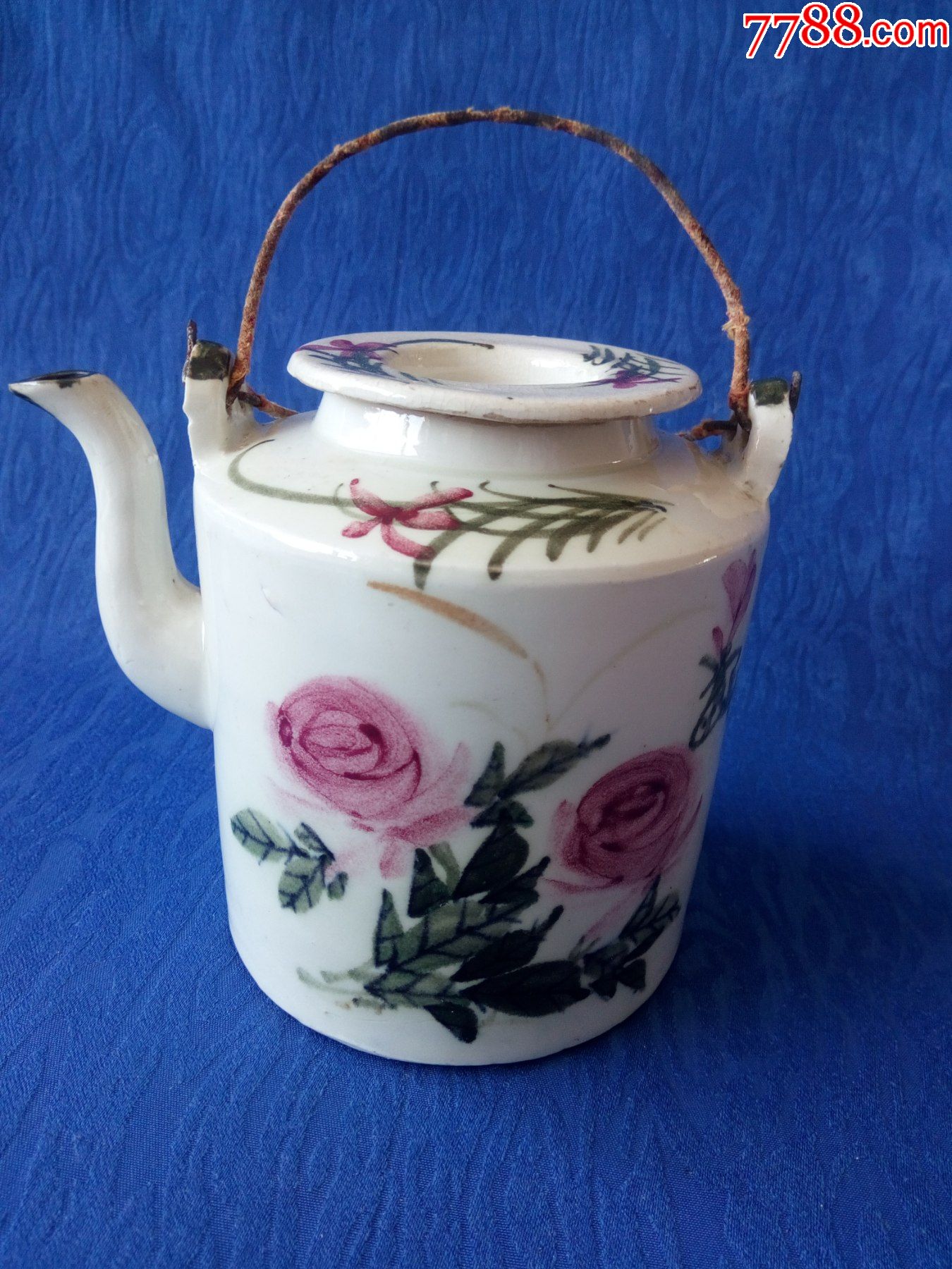 完美品民国淄博窑红绿彩牡丹富贵吉祥青花底款疑是鸿发督造提梁壶直筒