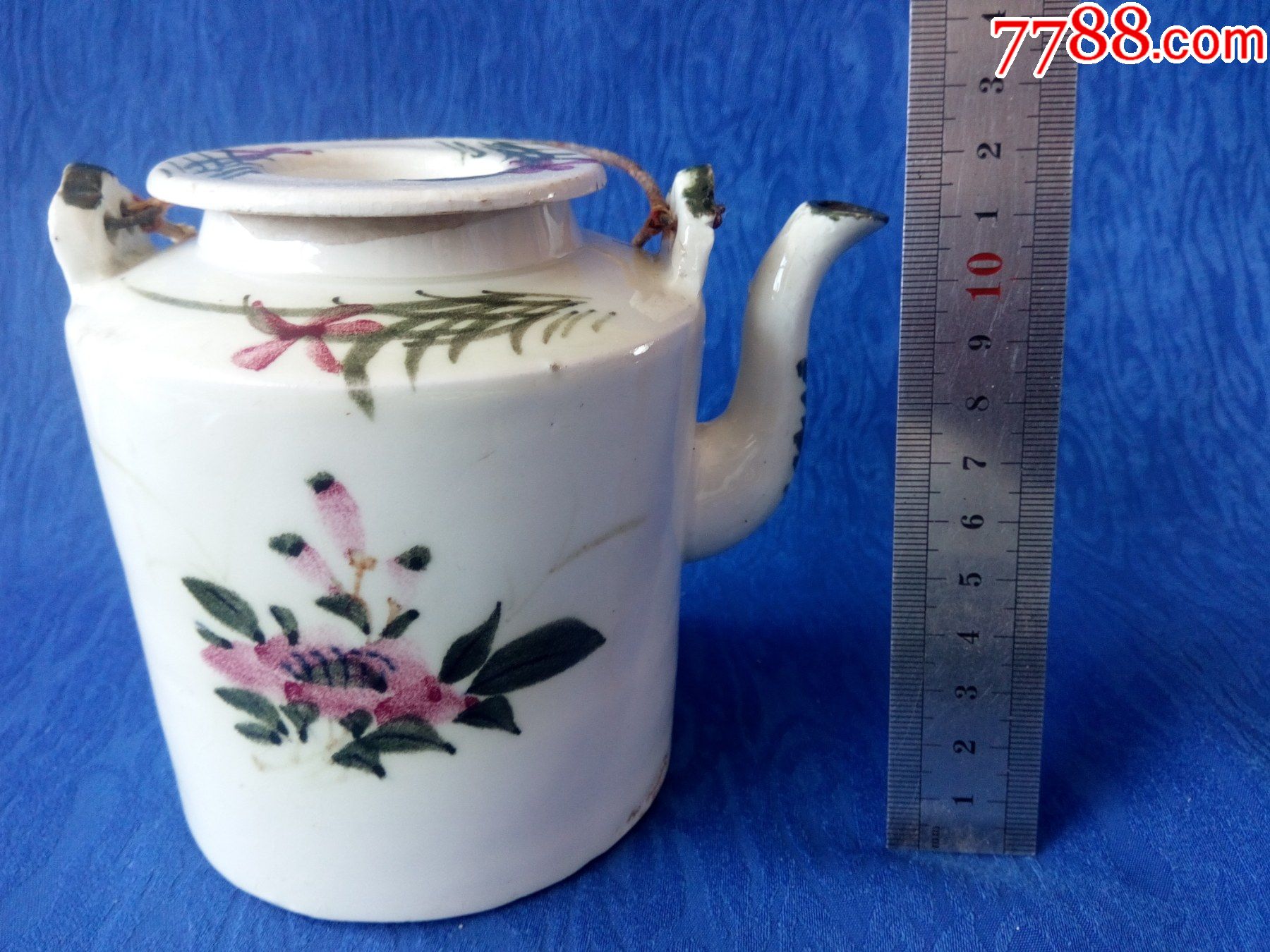 完美品民国淄博窑红绿彩牡丹富贵吉祥青花底款疑是鸿发督造提梁壶直筒