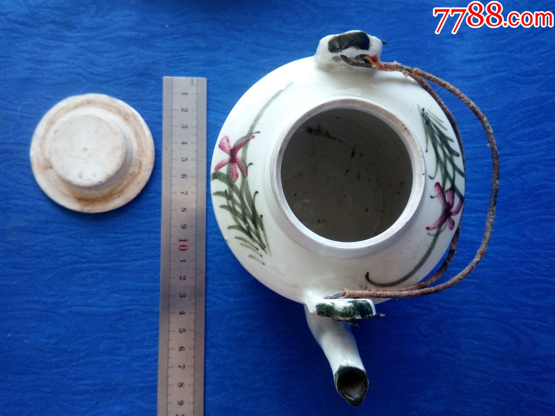 完美品民国淄博窑红绿彩牡丹富贵吉祥青花底款疑是鸿发督造提梁壶直筒