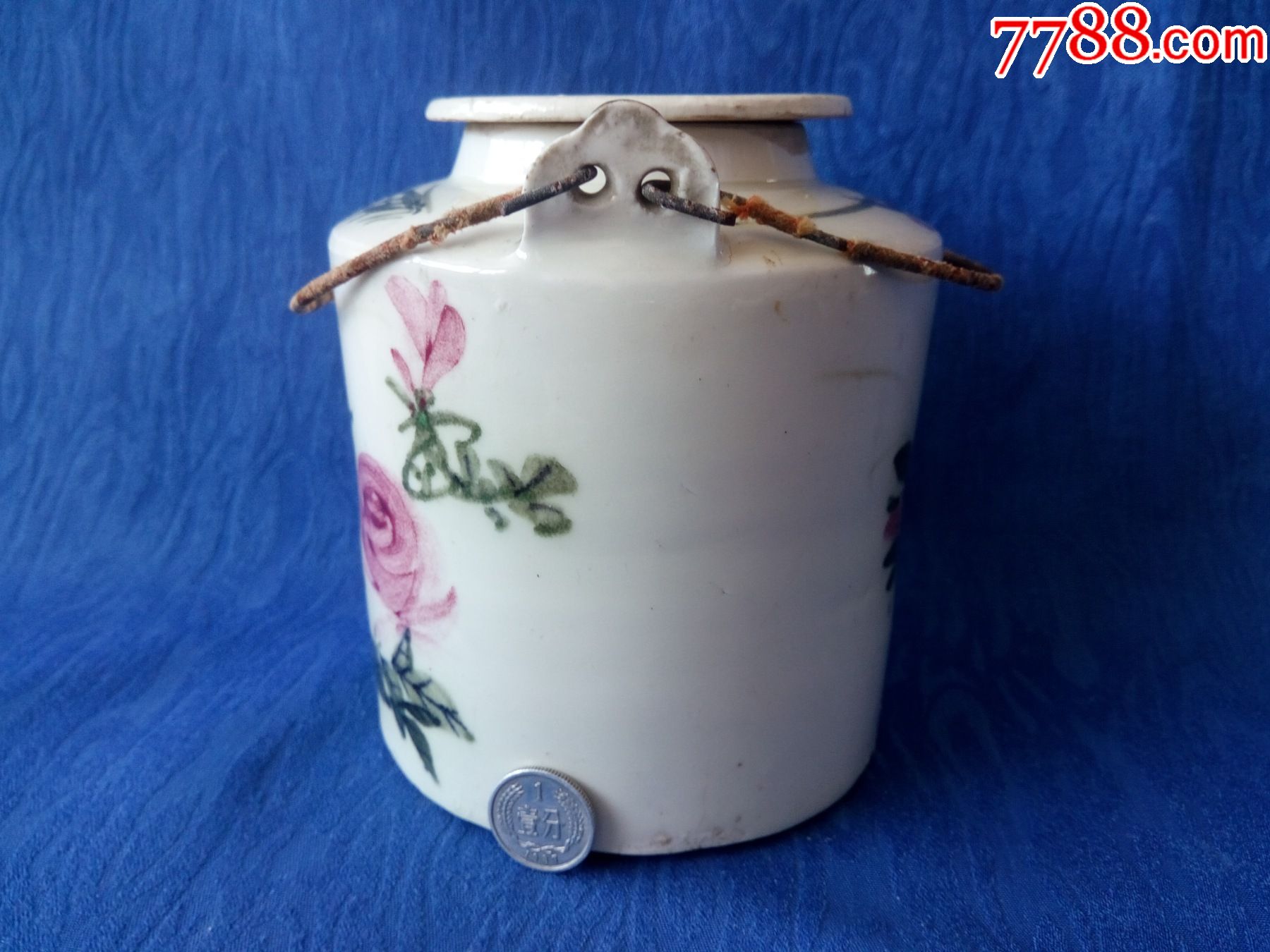 完美品民国淄博窑红绿彩牡丹富贵吉祥青花底款疑是鸿发督造提梁壶直筒