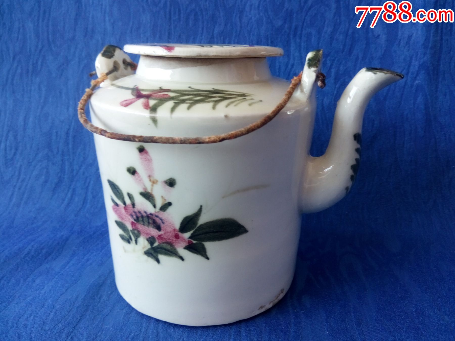 完美品民国淄博窑红绿彩牡丹富贵吉祥青花底款疑是鸿发督造提梁壶直筒