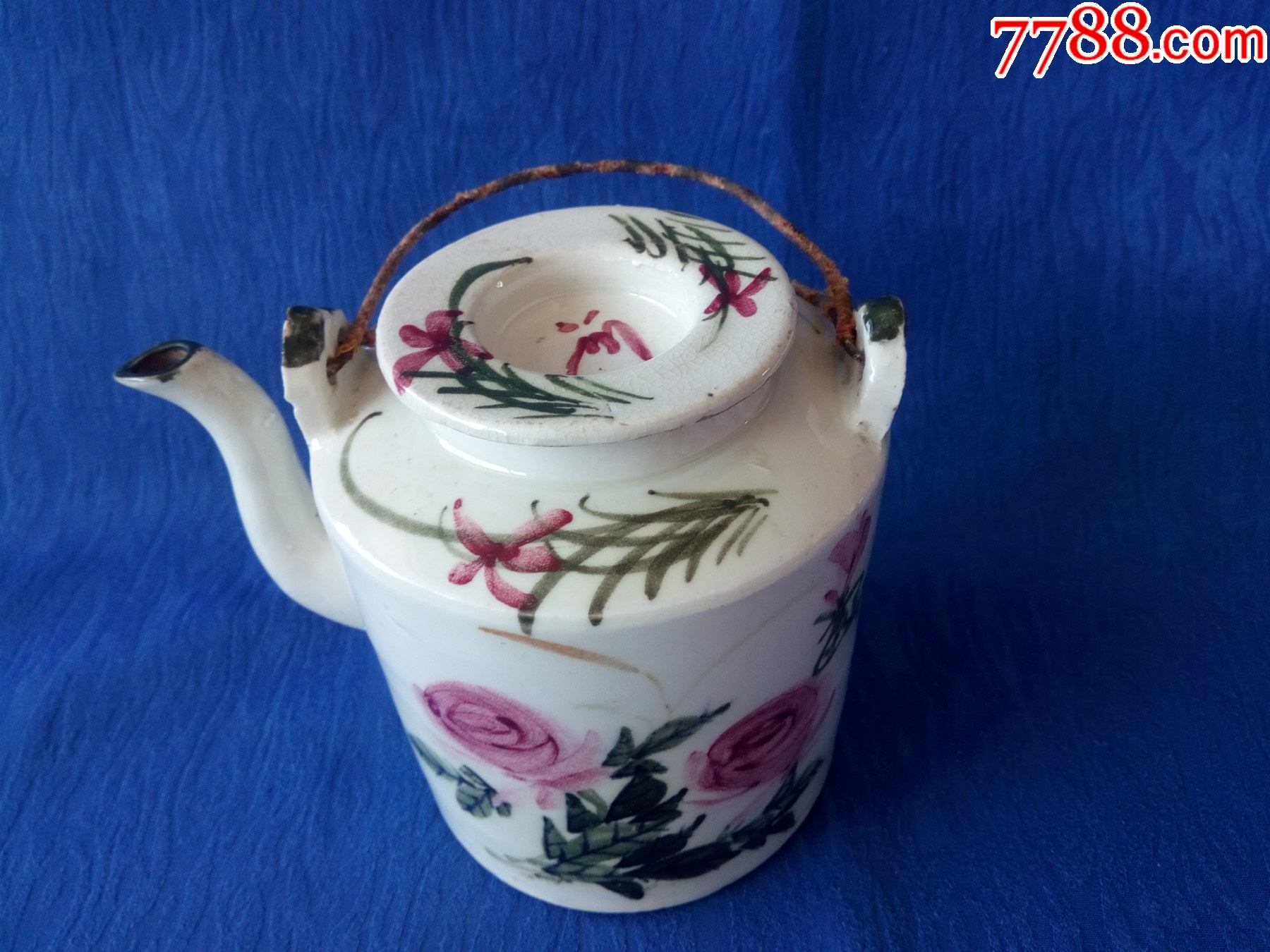 完美品民国淄博窑红绿彩牡丹富贵吉祥青花底款疑是鸿发督造提梁壶直筒