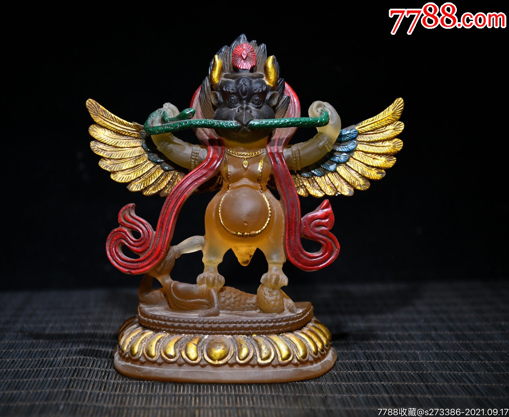 琉璃鎏金大鹏金翅鸟护法长13cm宽5cm高14cm重413g