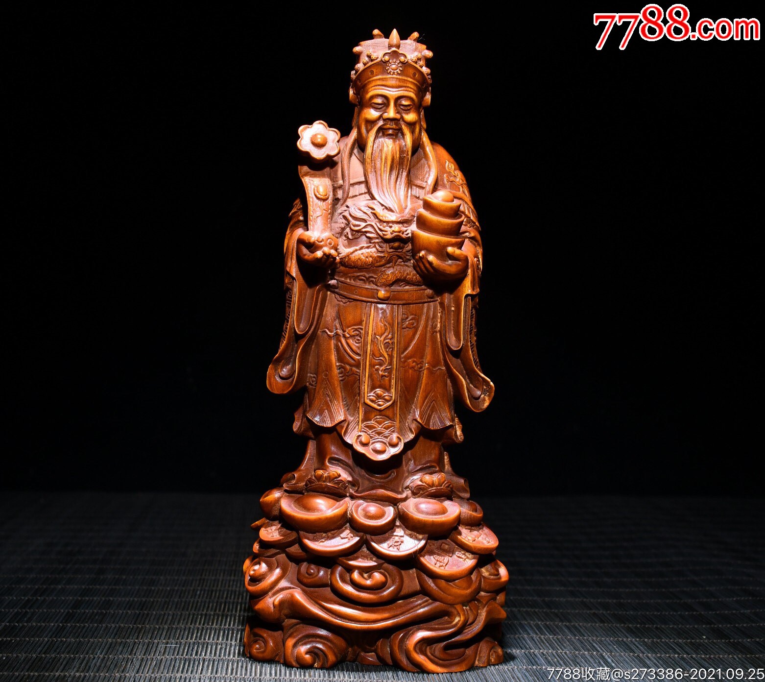 黄杨木精工雕刻财神摆件长8cm宽55cm高20cm重32