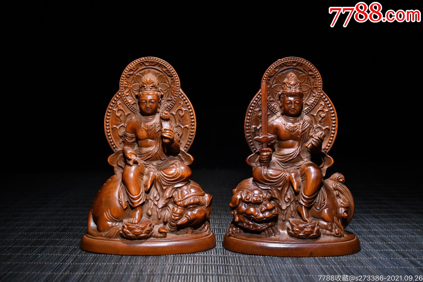 黄杨木精工雕刻文殊菩萨,长8.5cm宽5.5cm高12cm