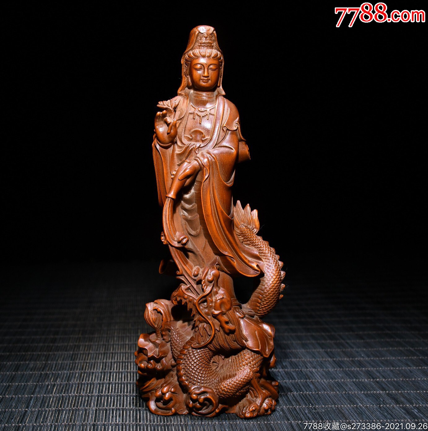 黄杨木精工雕刻御龙观音长7cm宽5cm高17cm重1