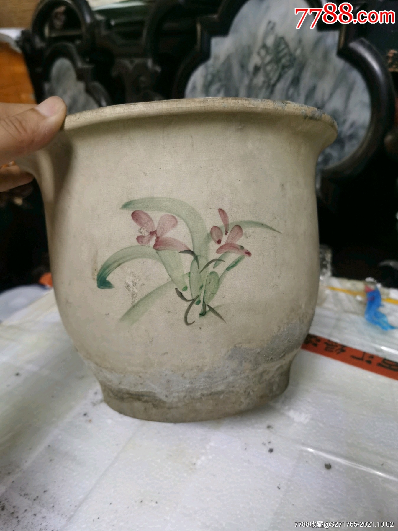 民国老枫溪彩绘三面手绘兰花花盆