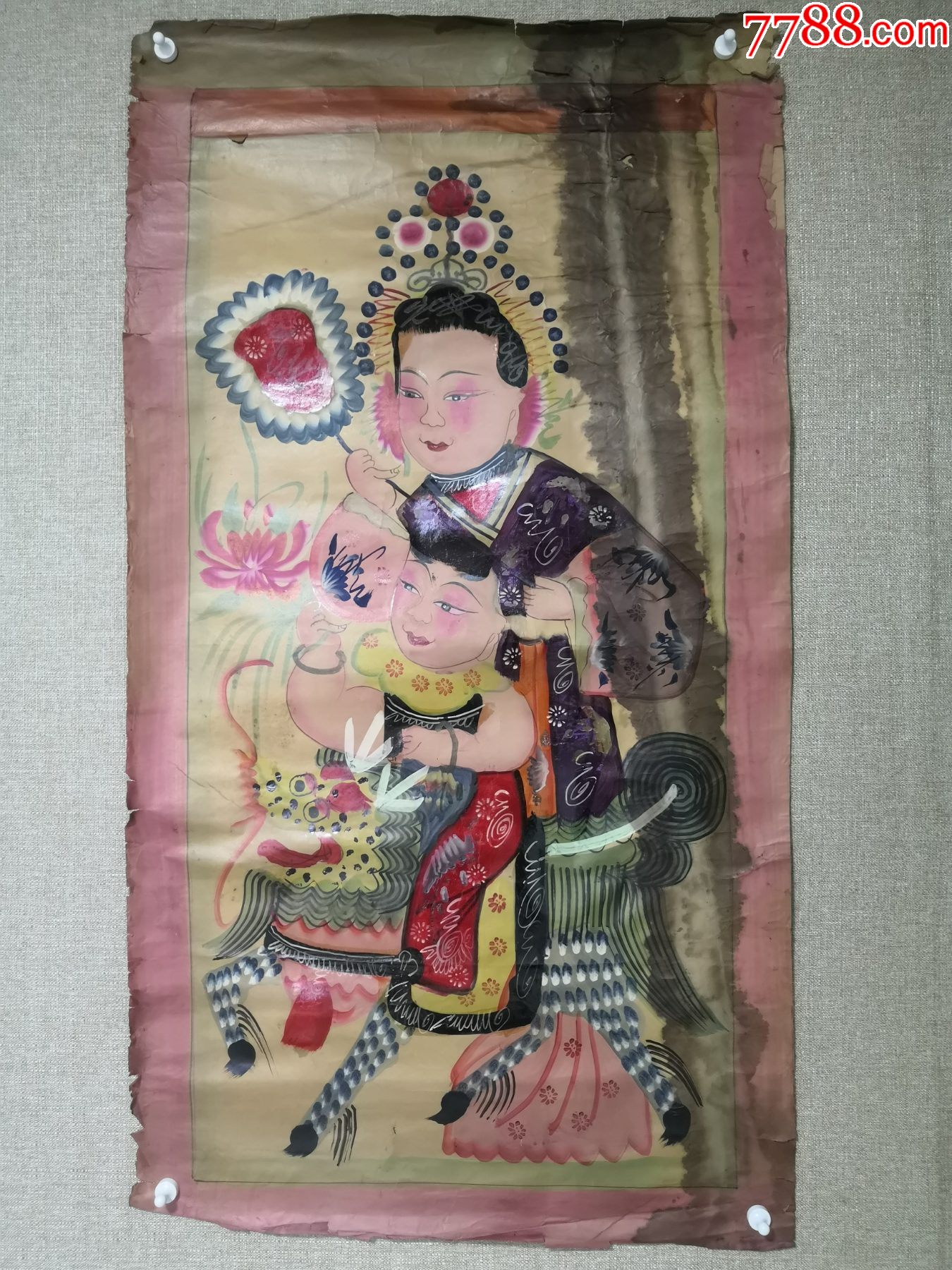 民国手绘麒麟送子图年画