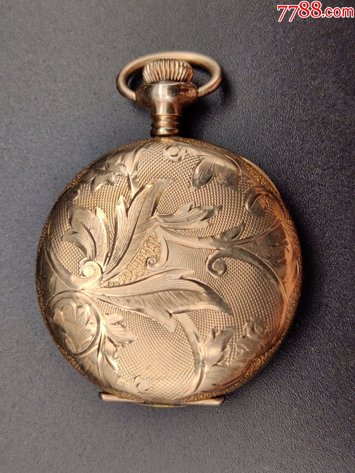 美国产nassau三开门包金雕花图案精美古董老怀表--走时精准!