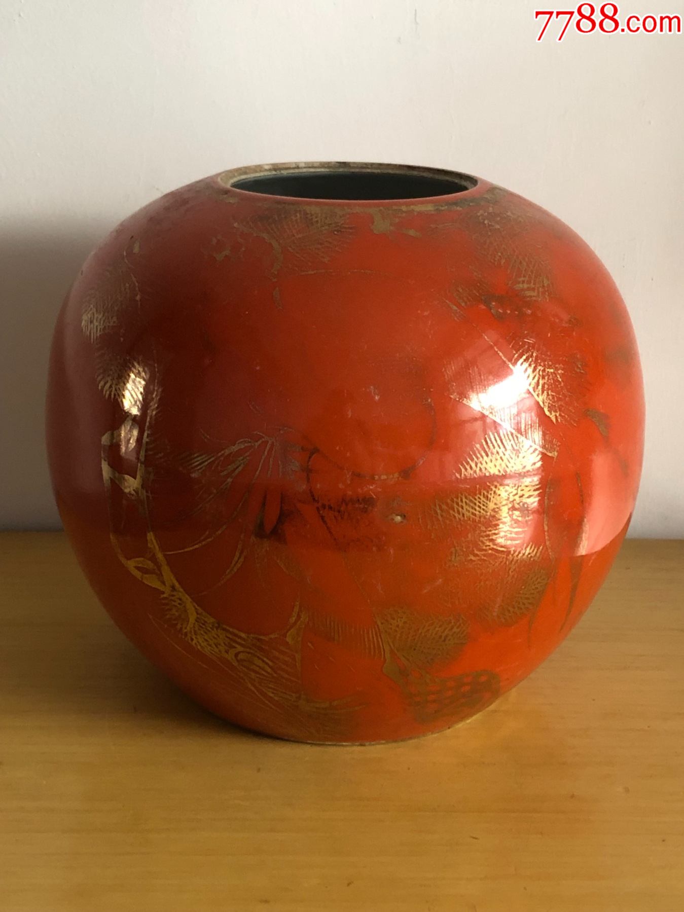 民国红釉描金西瓜罐_红釉瓷_第1张_7788瓷器
