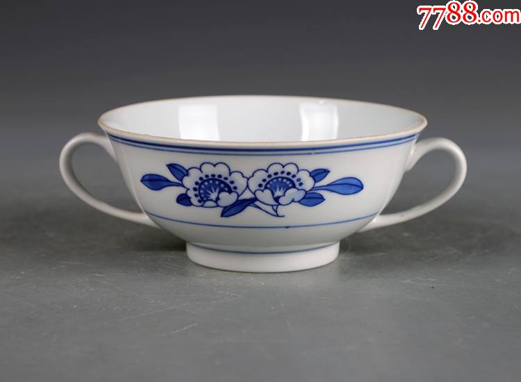 景德镇老厂货瓷器/70年代人民瓷厂双梨花双耳杯