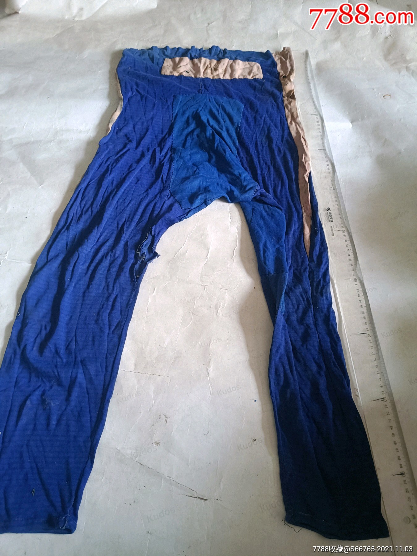 怀旧老手工补丁蓝布白道秋裤