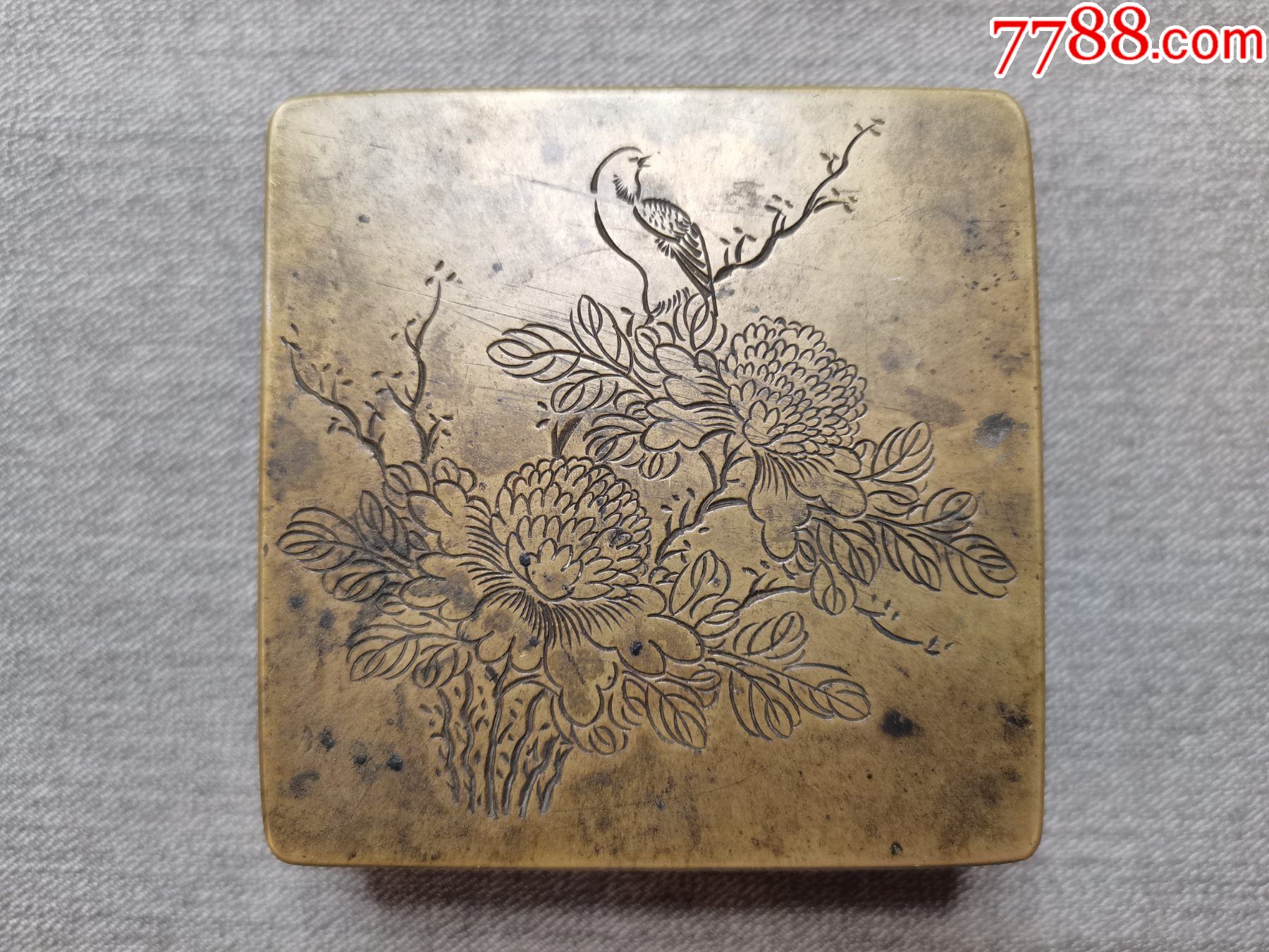 a9093清代文房珍品白铜刻花鸟铜墨盒雕工包浆都好