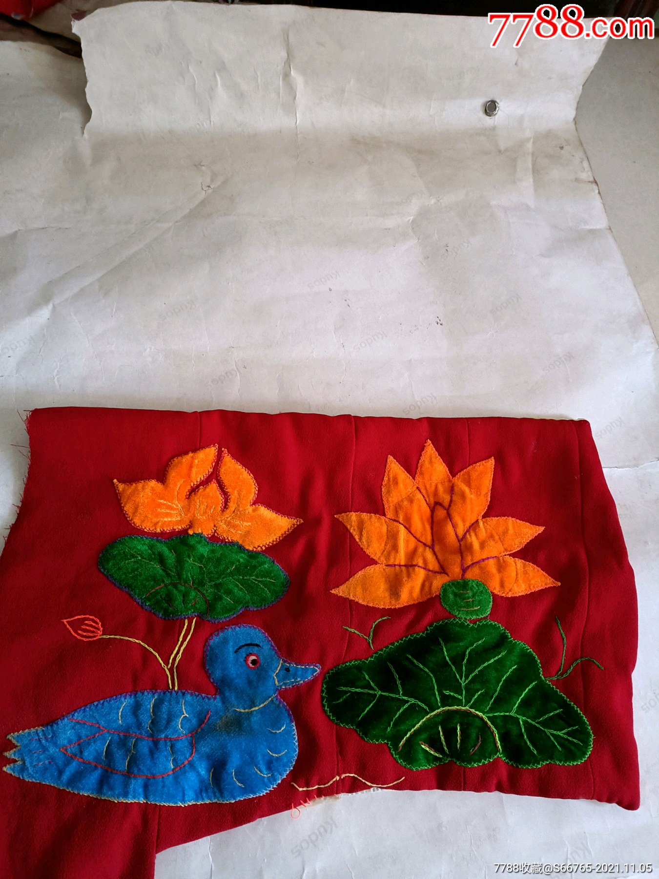 怀旧老手工拼接布荷花鸭子莲藕棉垫