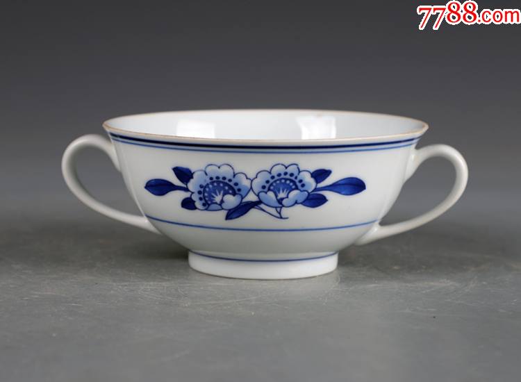 景德镇老厂货瓷器70年代人民瓷厂双梨花双耳杯