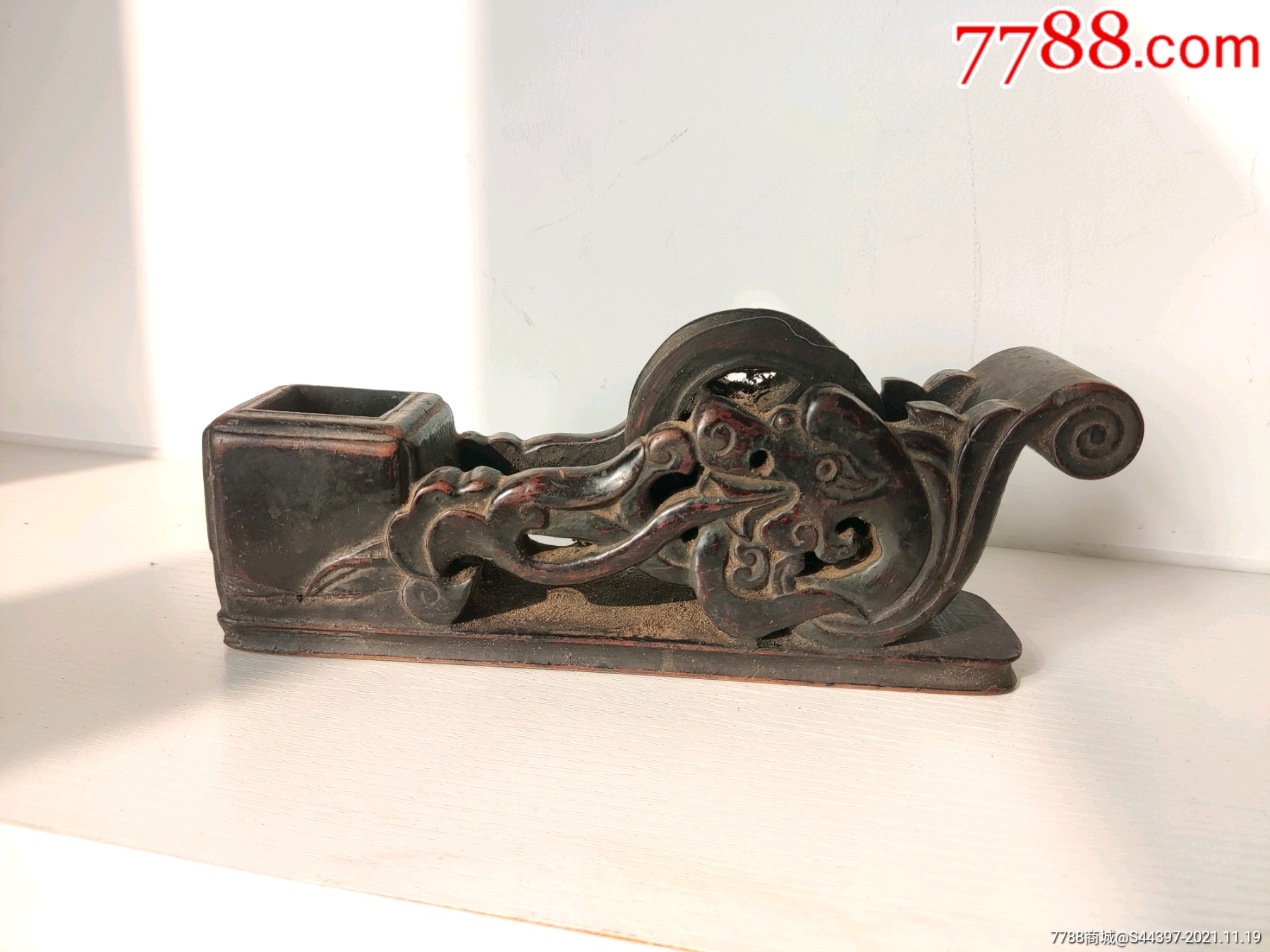 清代镂空木雕龙纹墨斗