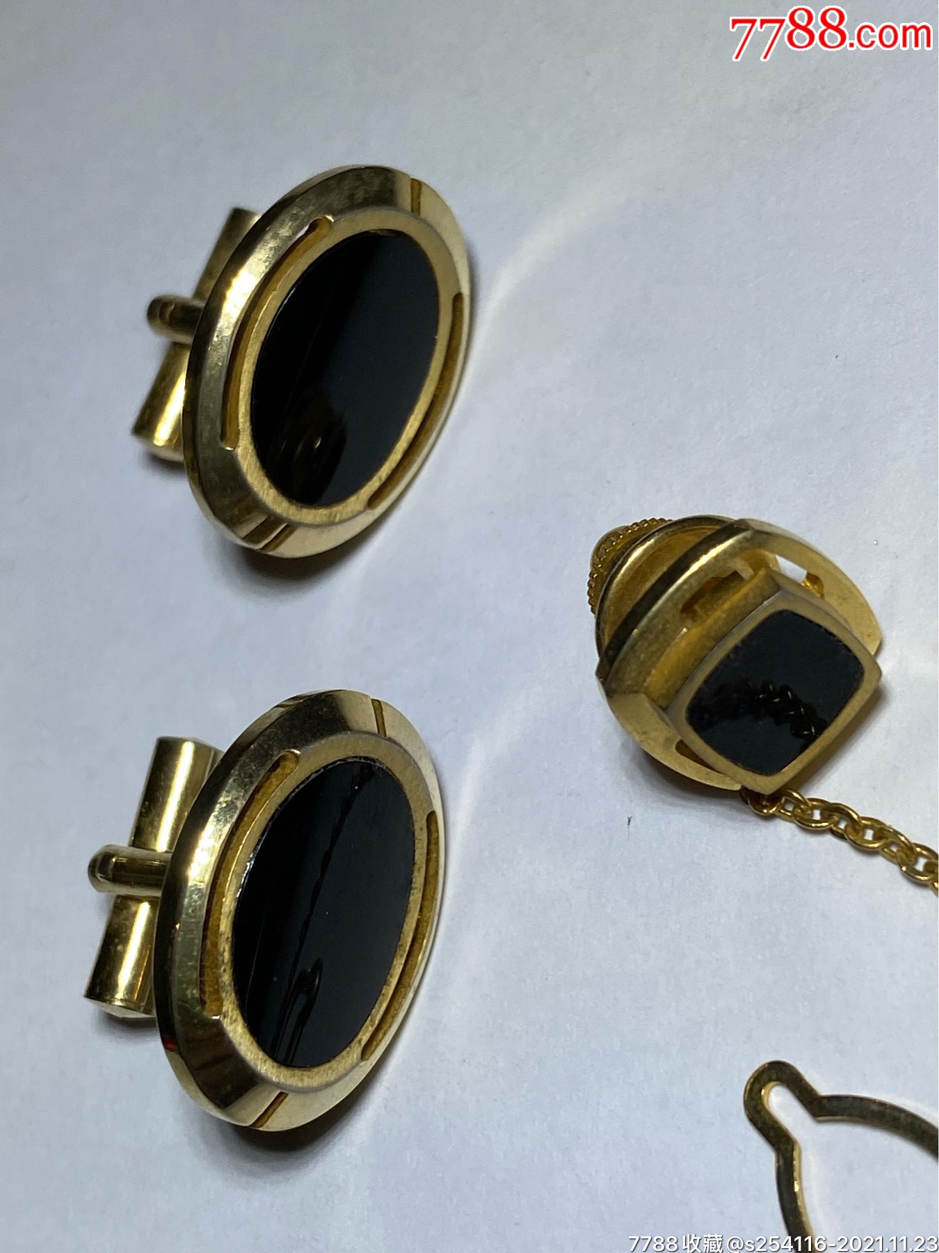 日本制18k金包金领带扣袖扣黑曜石镶嵌领带扣12mm袖扣1621mm重16克特