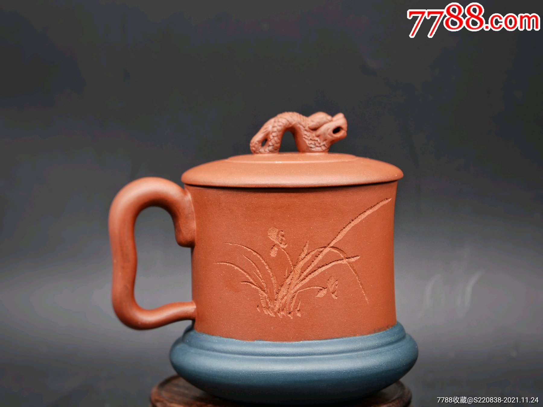 蒋国兴田申斋09年老紫泥精工龙钮盖杯-其他紫砂-7788字画网