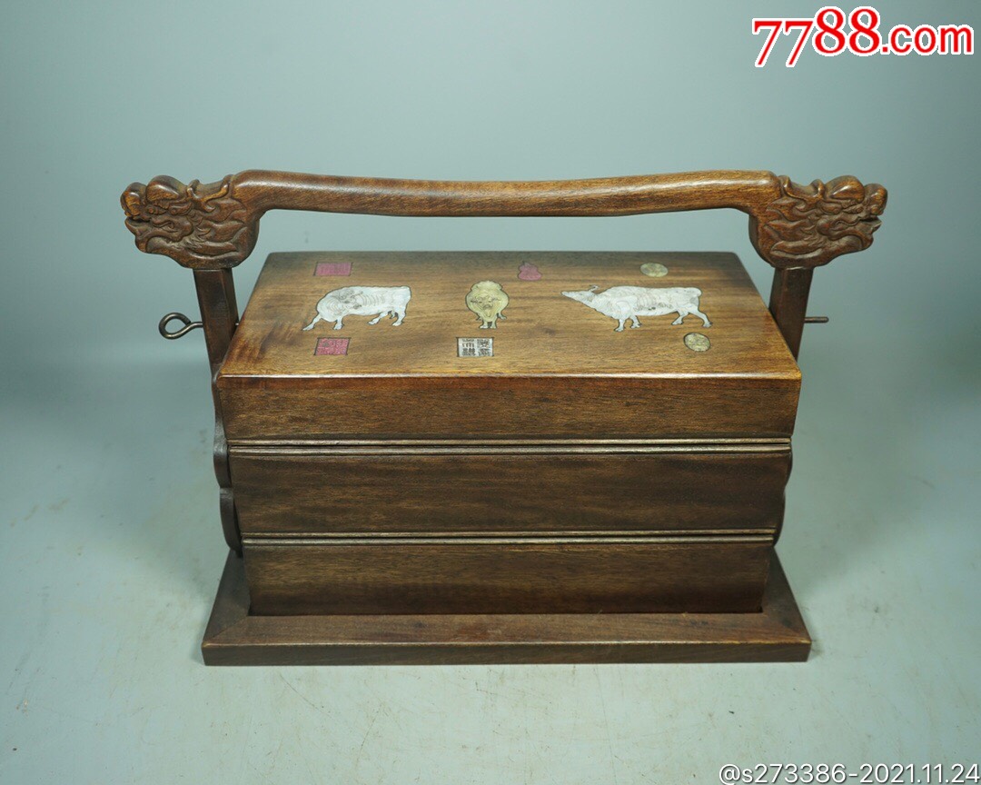 旧藏花梨木精雕细琢镶嵌贝壳食盒尺寸:长37cm宽22cm高27_价格550元_第