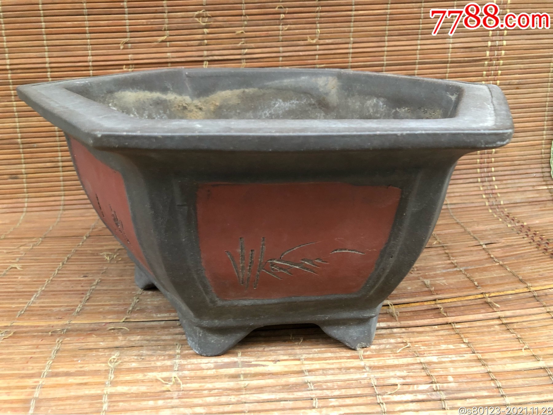 六方刻画紫砂花盆